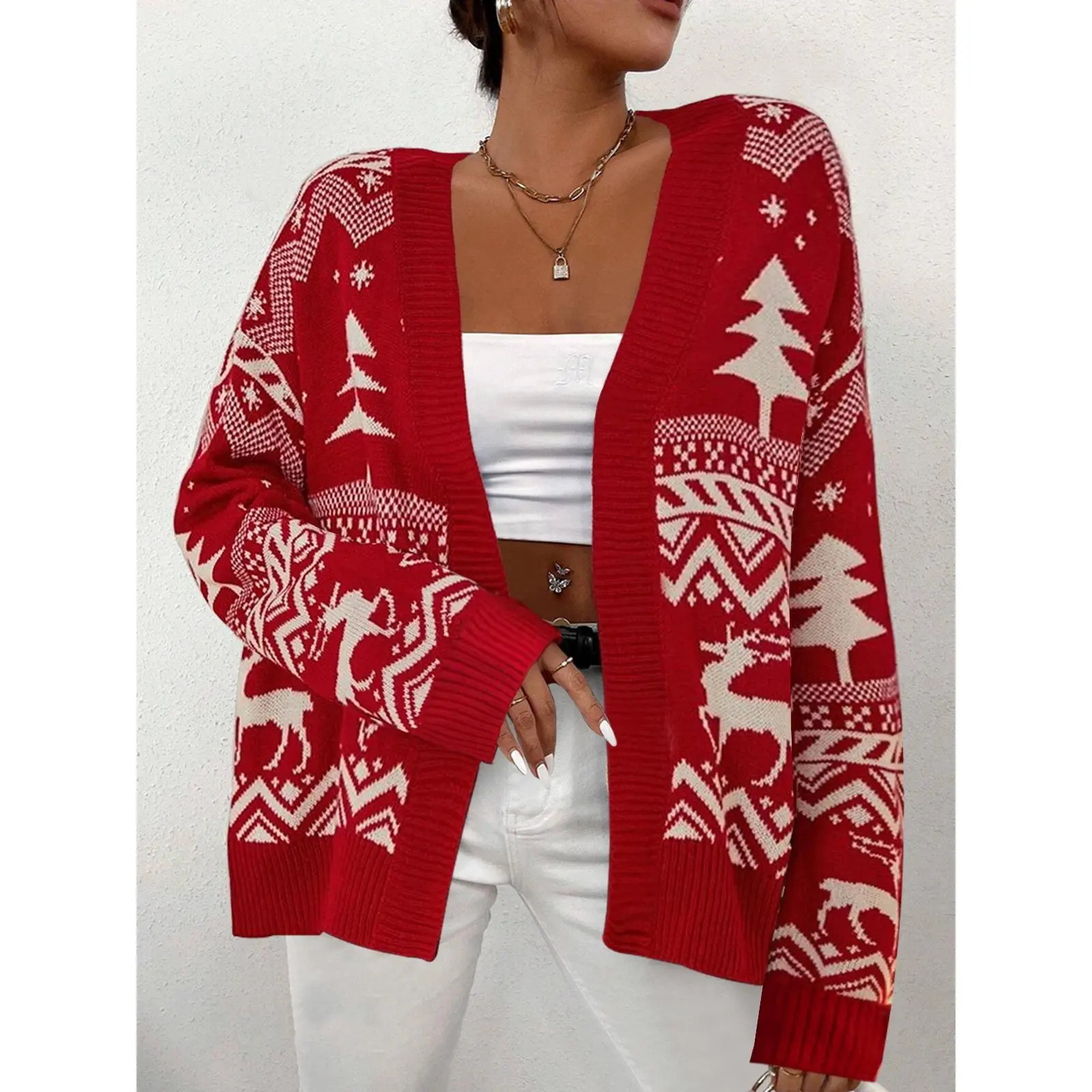 YF Women's Christmas Reindeer Tree Print Knit Cardigan Red Festive Fair Isle Snowflake Open Front Sweater Jacket Loose Casual Winter Outerwear for Xmas Party Holiday Daily Shopping