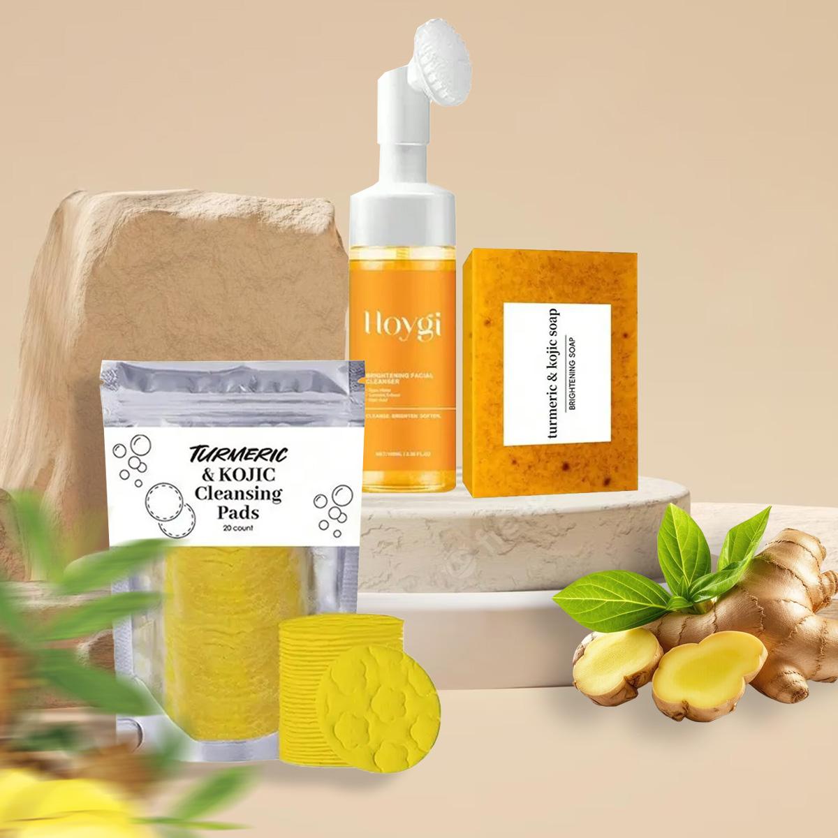 Turmeric & Kojic Facial Cleansing Set, 3 Counts/set Turmeric Cleansing Soap & Turmeric Cleansing Milk & Facial Cleansing Pads, Facial Skin Care Kit, Turmeric Facial Wash