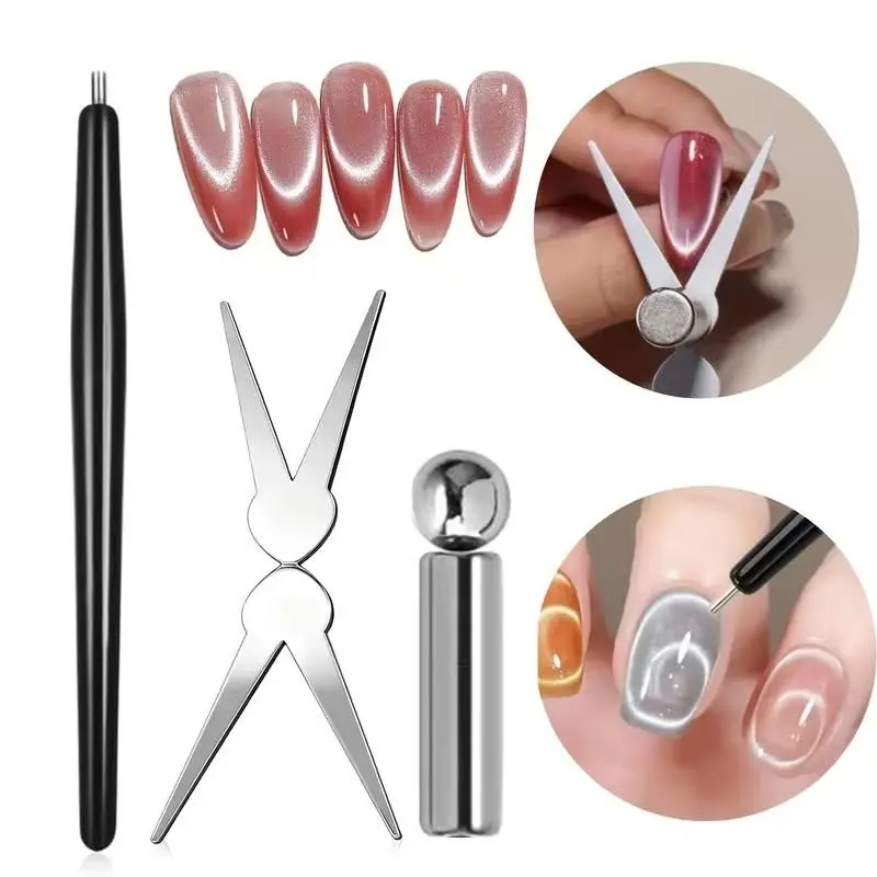 4PCS Cat Eye Magnetic V-Shape Metal Magnet Sheet, Round Ball Magnet & Thin Line Wand Magnet for Nail Cat Eye Gel Nail Polish Magnet Tools Set Nail Salon Art Tools (Multi-functional)