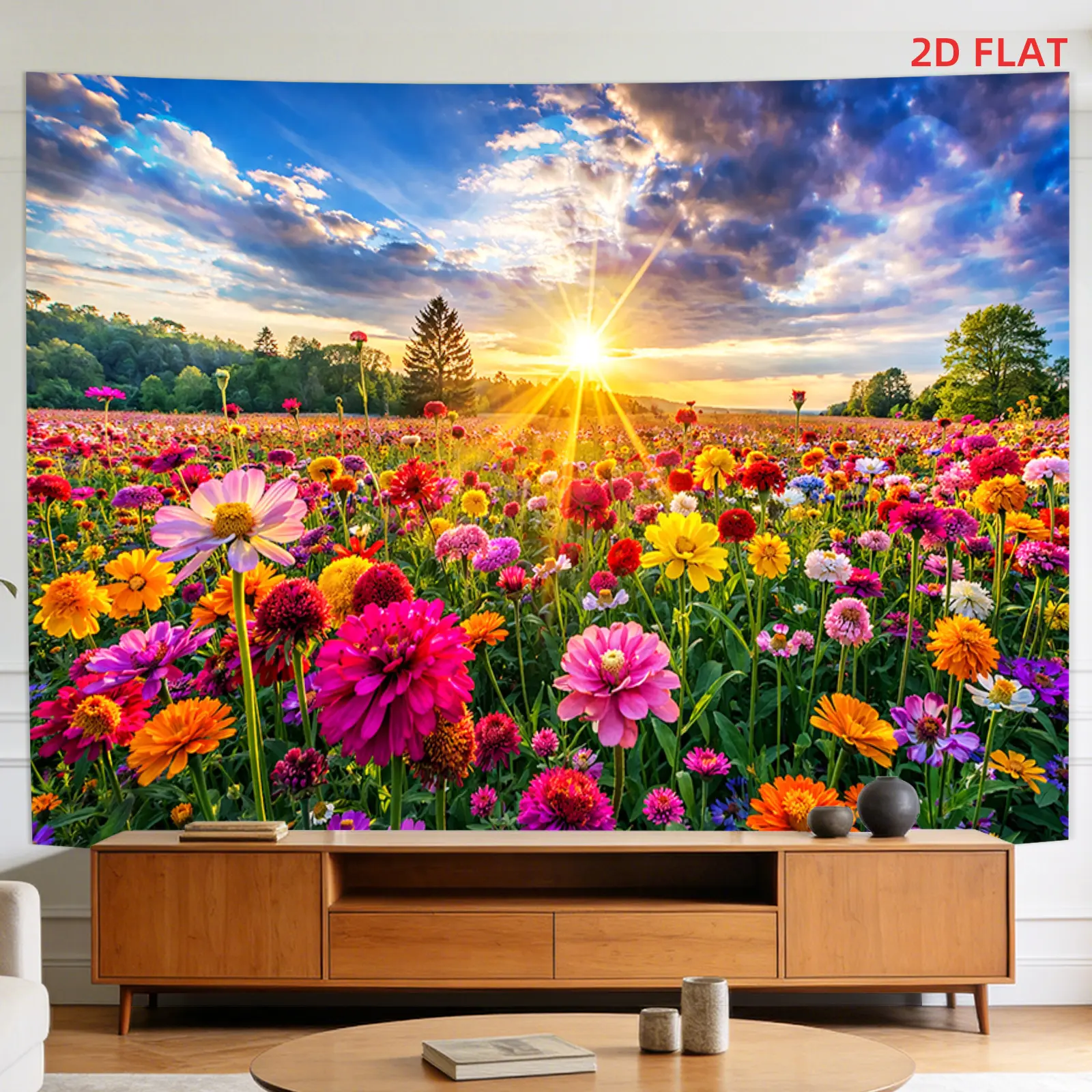 Horizontal Flower Field & Sunset Wall Tapestry - Large/Small Sizes, 2D Flat Vibrant Nature-Themed Printed Fabric Decor, Indoor Wall Hanging for Living Room, Meditation Space, Indoors