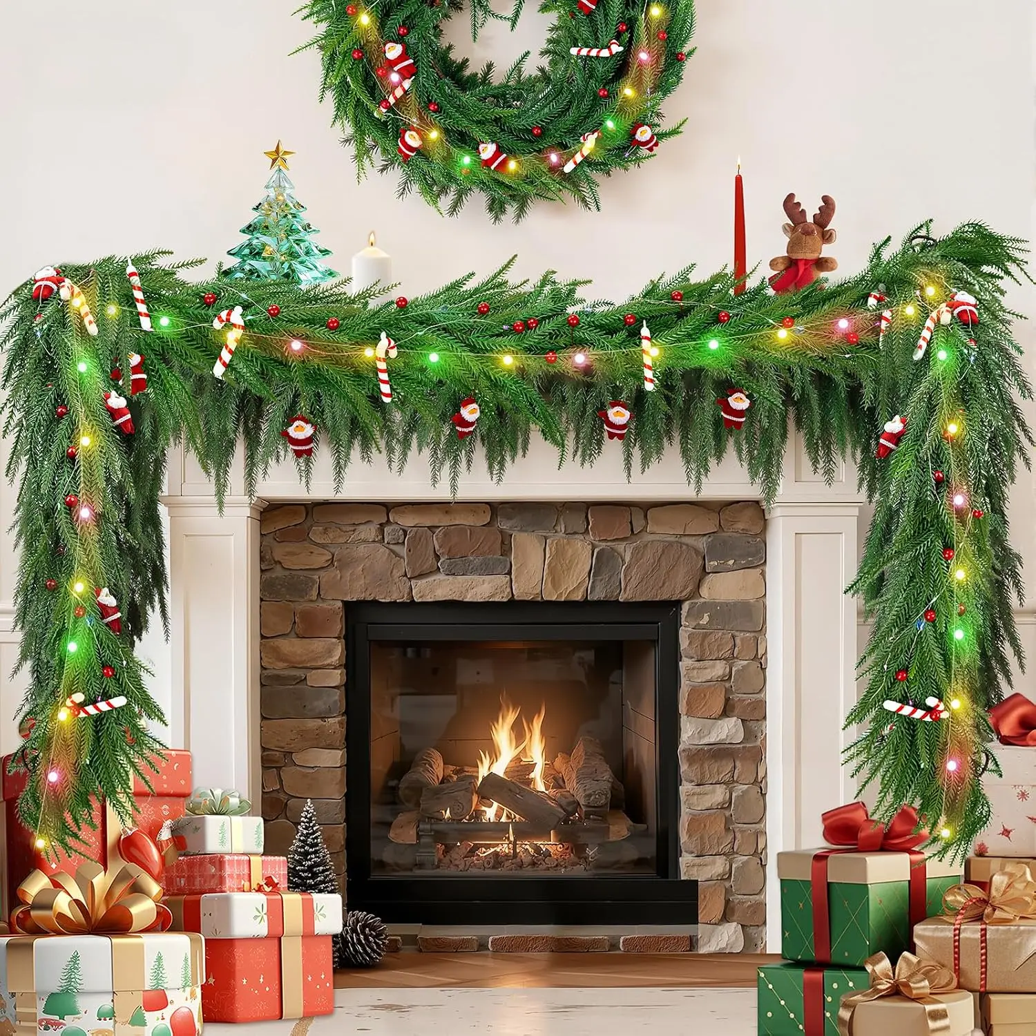 6FT Christmas Garland with LED String Lights,Artificial Greenery Garland with Candy Cane & Santa Claus Decor Norfolk Pine Garlands Realistic -Ideal for Mantle, Fireplaces,Tables Christmas Decor