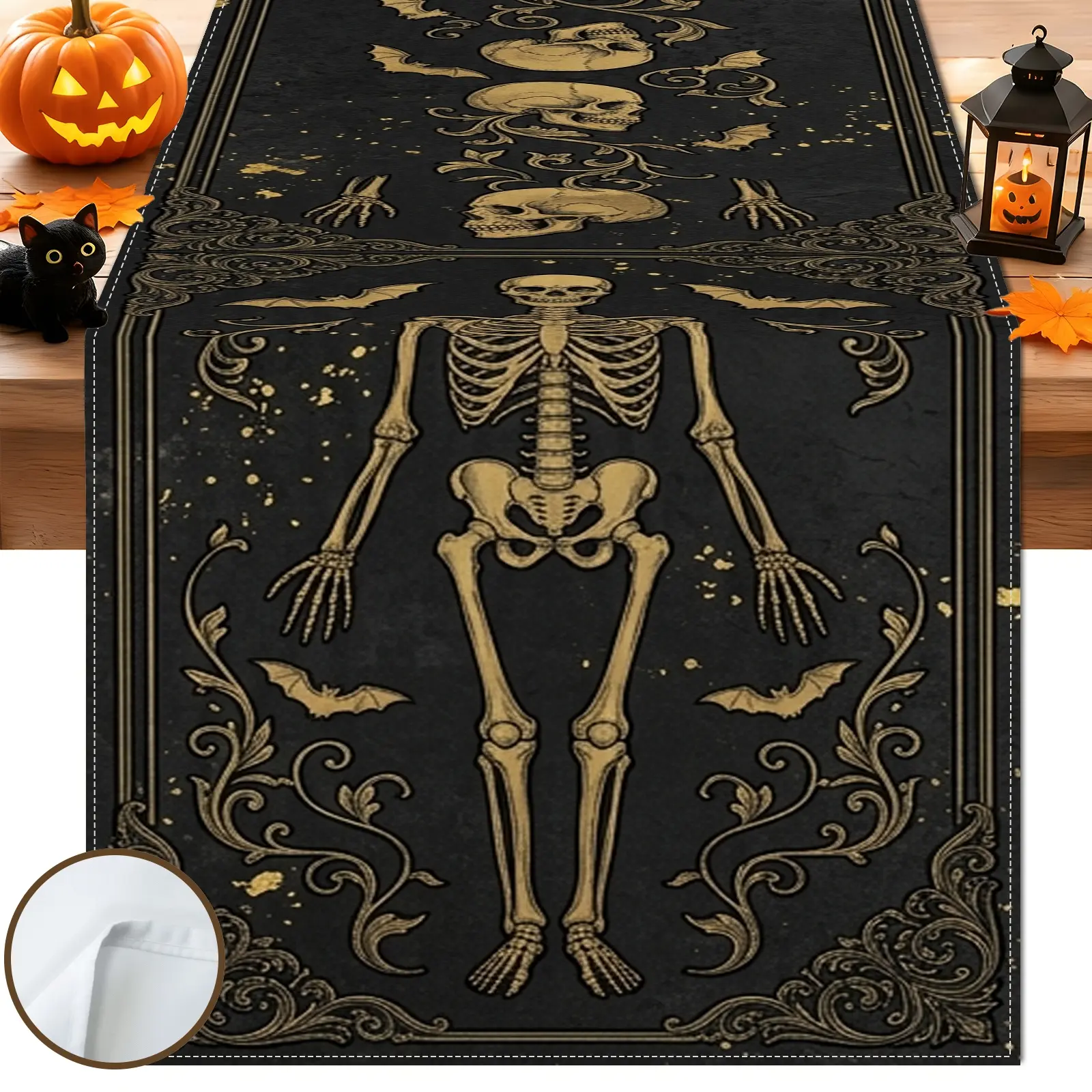 1pc Skeleton Skull Bat Table Runner, Gothic Vintage Style, Decorative Border Watercolor Style Print, for Dining Table Halloween Party Home Decor Seasonal Table Decor