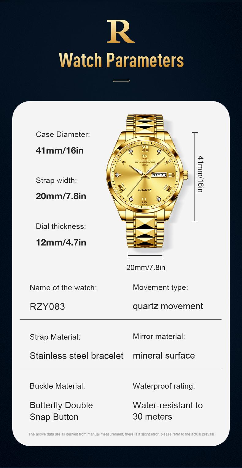Men's Luxury Gold Tone Quartz Watch - Stainless Steel Wristwatch with Day & Date Calendar, Crystal Diamond Accents, Roman Numerals, Elegant Business Dress Watch, Perfect Gift for Husband Dad