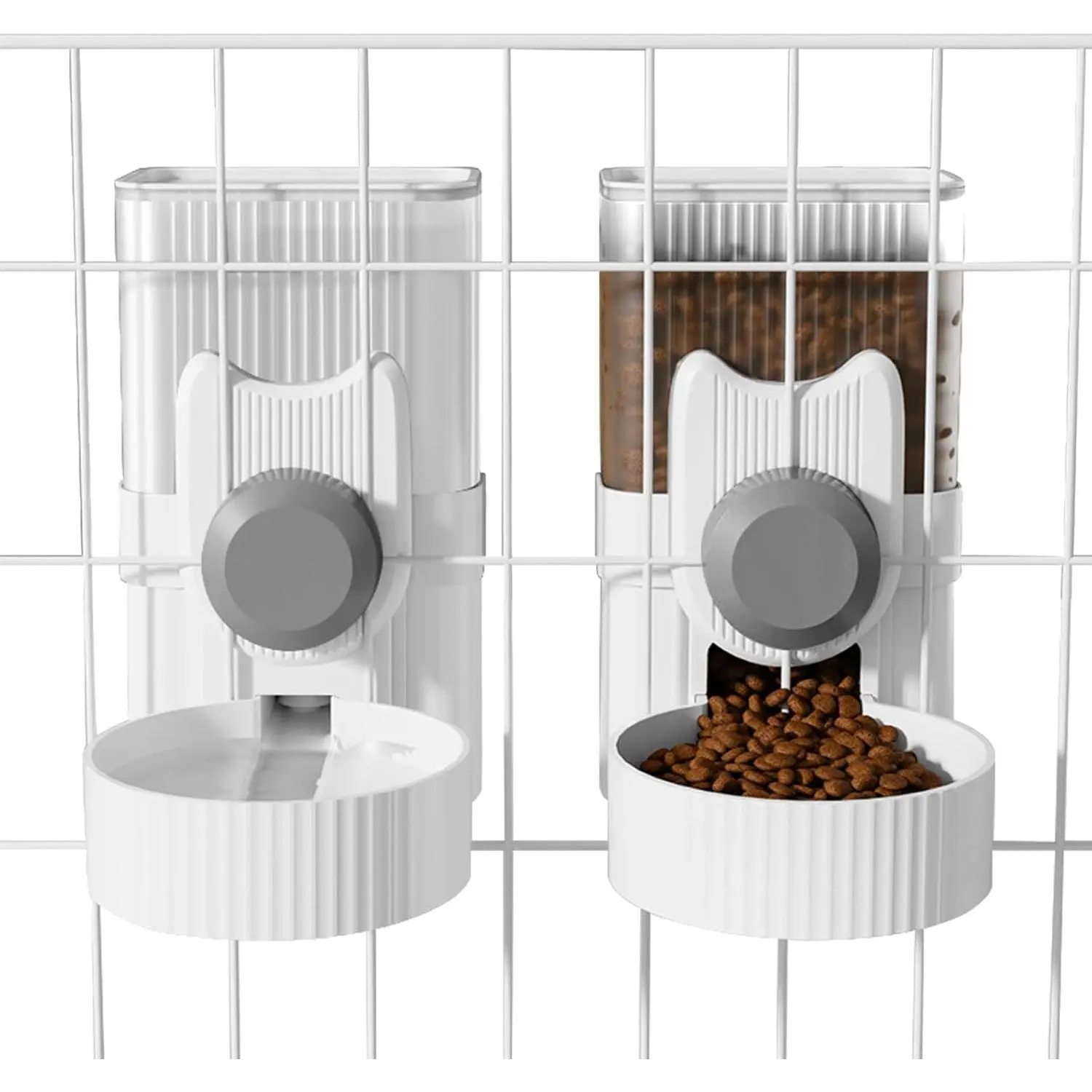Hanging Cage Automatic Small Pet Food Bowl Water Bottle Dispenser, 1L Auto Gravity Pet Feeder and Waterer Set Kennel Feeding Station Crate Feeder Dish for Rabbit Puppy Cats Ferret (Grey)