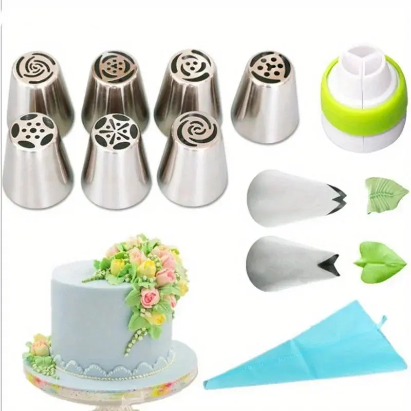 11PCS Russian Icing Piping Nozzles Tulip Stainless Steel Flower Cream cake Pastry Tips Leaf Nozzles Silicone Bag Cupcake DIY