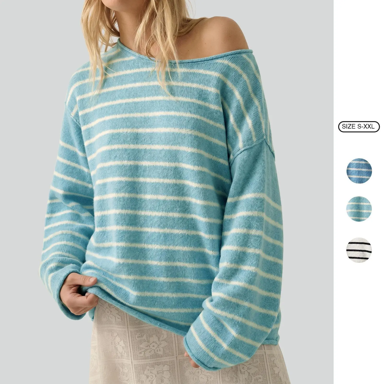 Imily Bela Cozy Blue Striped Oversized Sweater | Soft Off-Shoulder Knit Top for Effortless Everyday Style