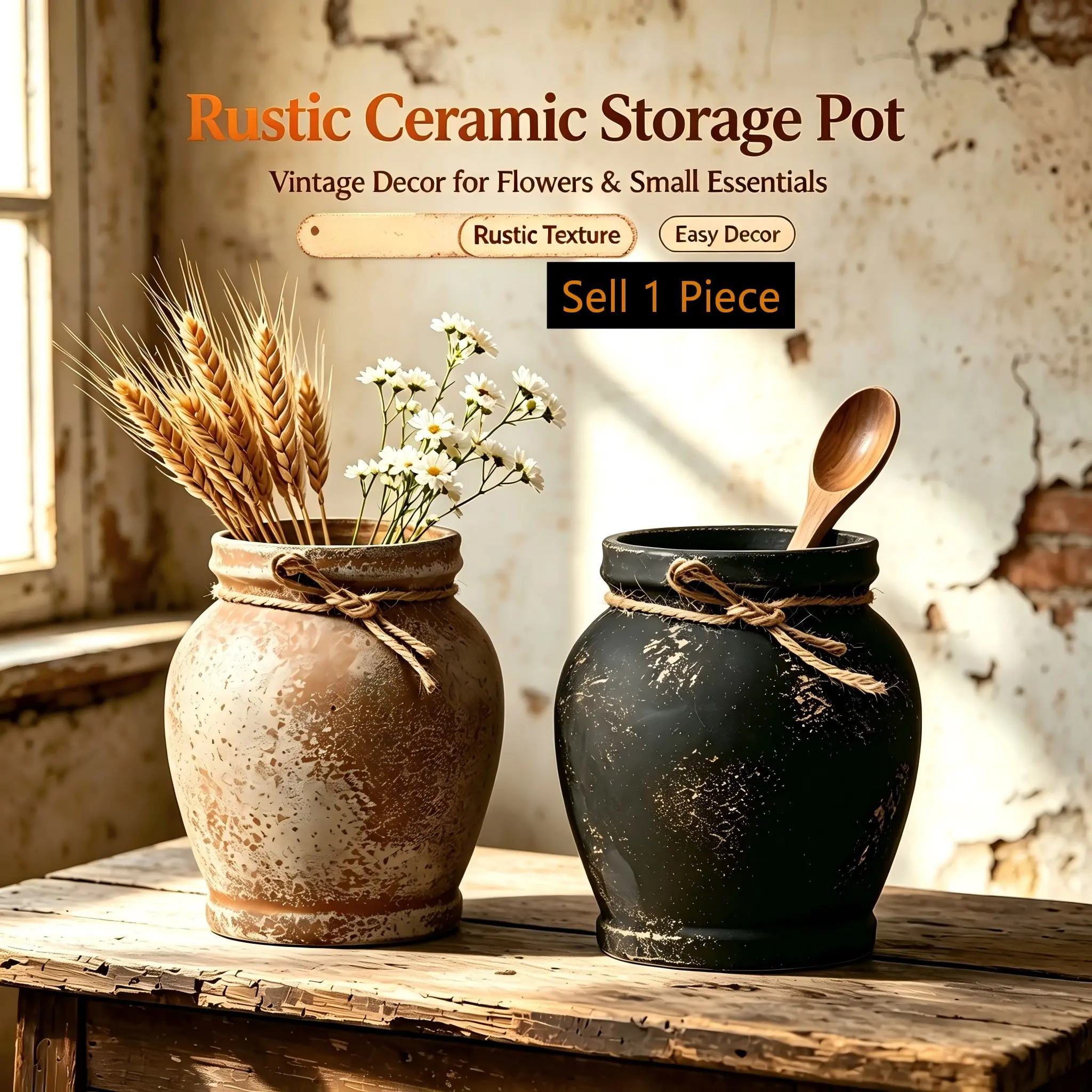 Vintage Ceramic Vase, Rustic Country Style Bulb Storage Jar, Rough Sandy Texture Body with Knot Detail, Ideal for Farmhouse Home Decor