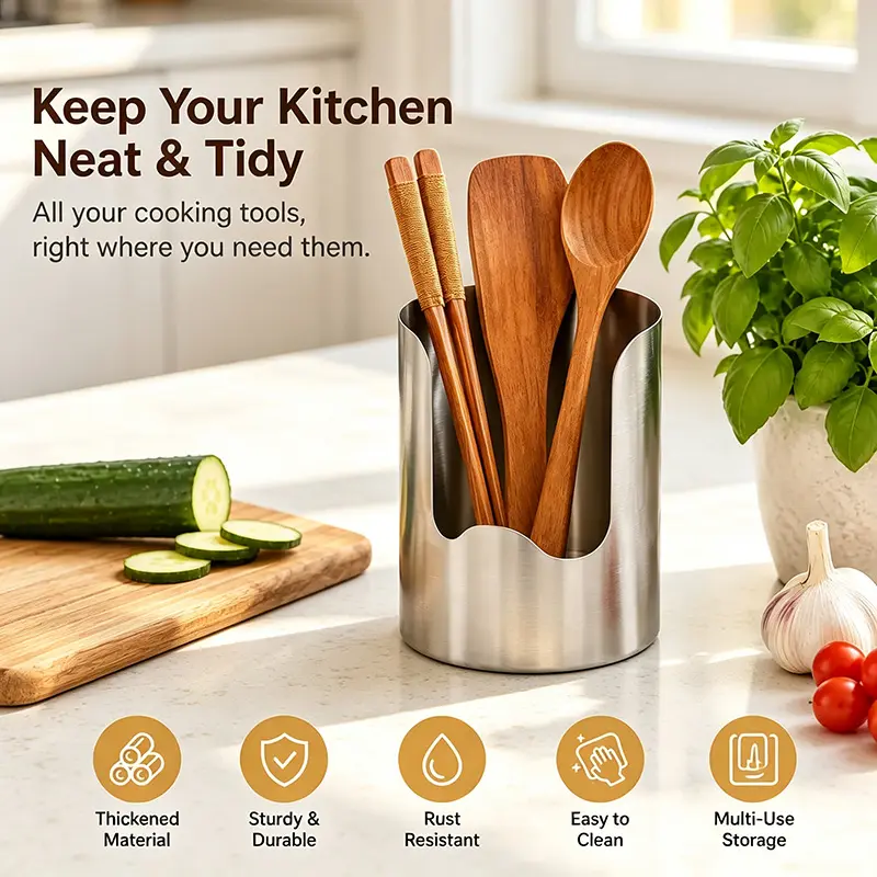 1 Count, Thickened Stainless Steel Utensil Organizer, Rust Resistant Easy to Clean Multi-purpose Storage Holder for Kitchen Countertop