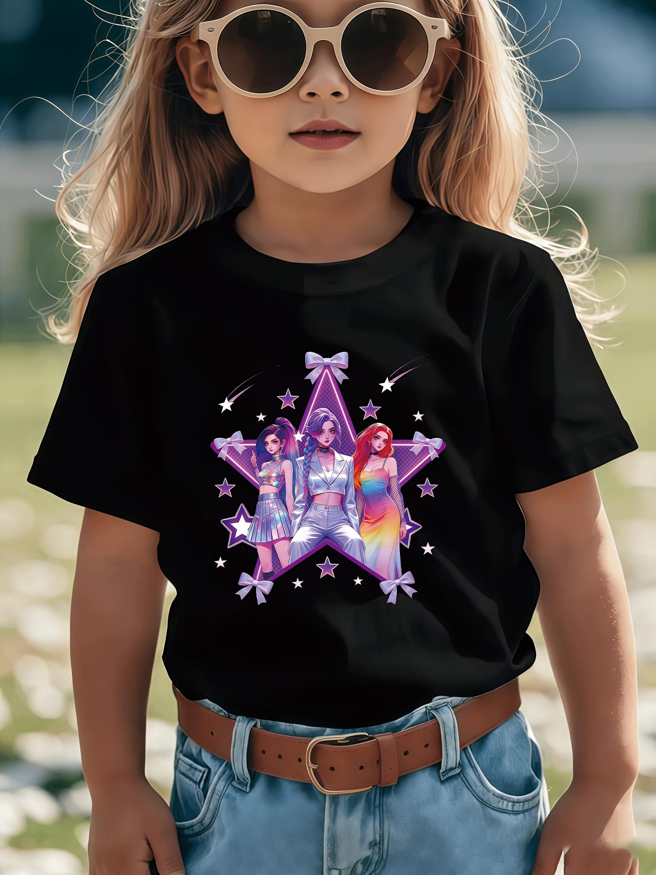 1Fashion K-Pop Style Girls' Boys' T-Shirt |   Anime Style Three Female Characters Design With Shiny Purple Star Background And Metallic Letter Print, Ideal For Summer Casual Wear, Perfect Christmas, Birthday, Party Gift