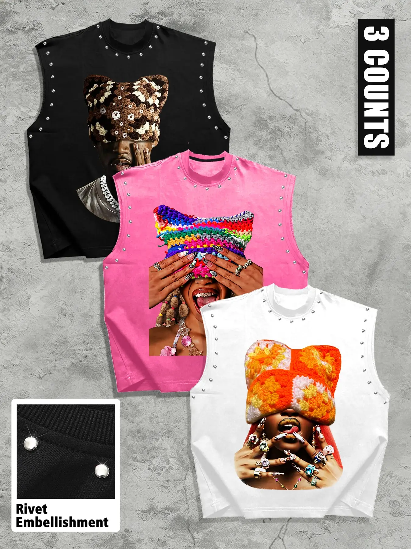 Men's Summer Casual Round Neck Sleeveless Tank Top 3-Pack, Cat Ear Hat Portrait Print, Street Style, Loose Fit, Ideal for Daily Wear and Sports