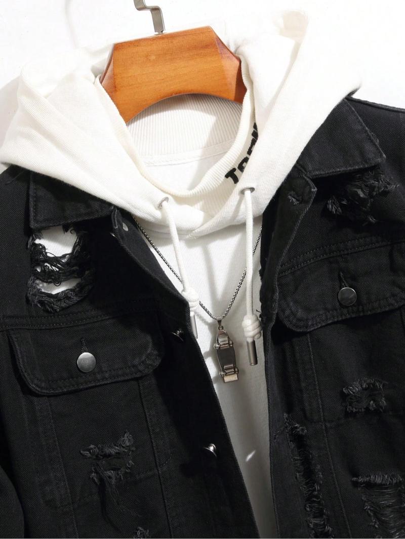 Men's Solid Ripped Design Button Down Denim Jacket, Regular Fit Casual Fashion Comfy Long Sleeve Outerwear Casual Fitted Jackets for Daily Wear, Men's Clothes for All Seasons, Coats