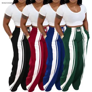 Women Y2K Side White Stripe Wide Leg Boxer Track Pants, Elastic High Waist Loose Baggy Colorblock Trousers, Soft Casual Street Bottoms for Campus Lounge Daily Errands Outfits