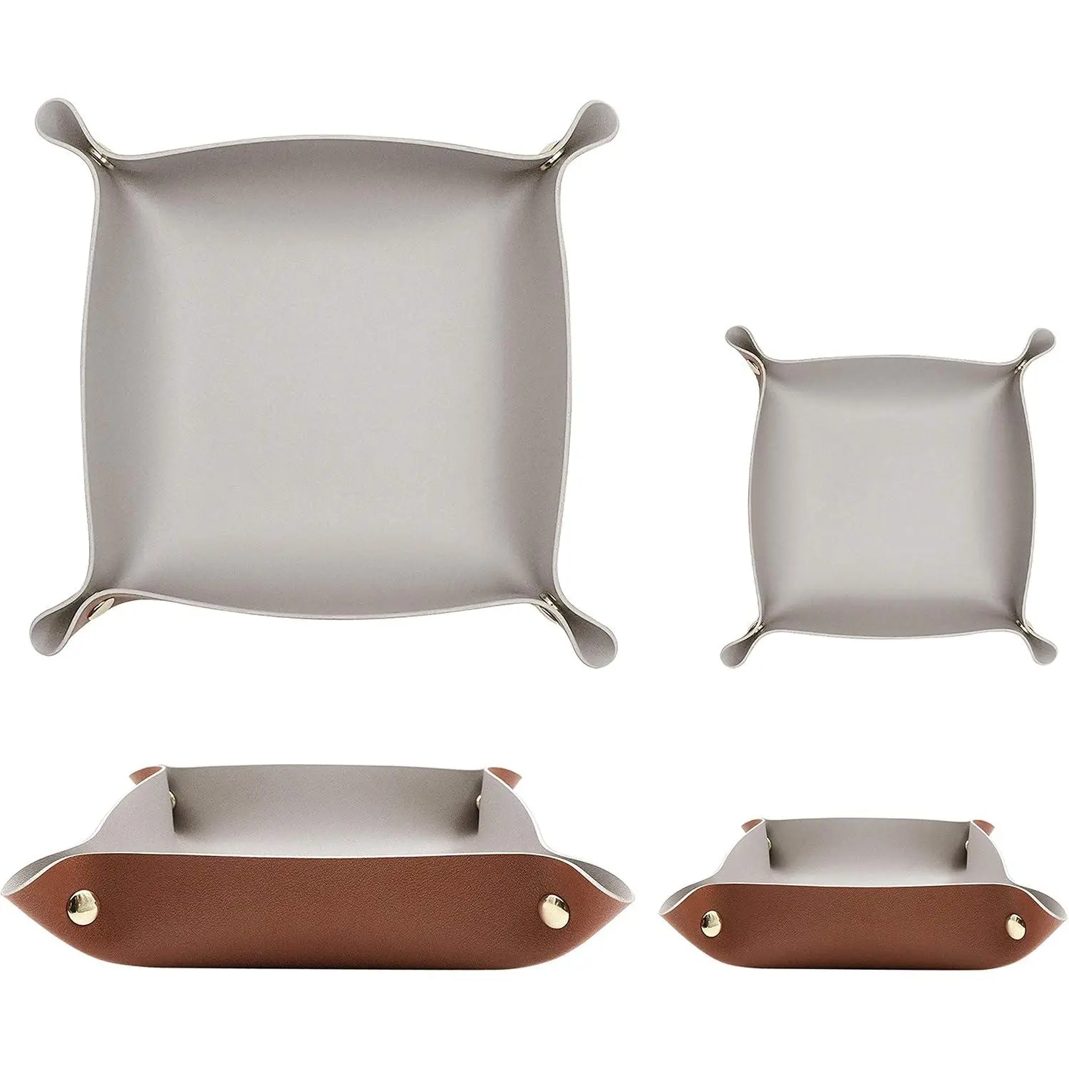 2 Size Leather Valet Tray Organizer, Folding Travel Organizer,  Tray, For Travel,  Or Office | Plain Weave, Double Complexion - Brown & Grey