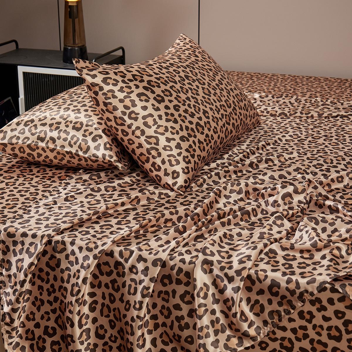 Leopard Print Bedding Set, 1 Set Including 1 Count Soft Comfortable Fitted Sheet & 1 Count Flat Sheet & 1/2 Counts Pillowcase without Filler, Halloween Decor Bedding Supplies for Home Bedroom Hotel