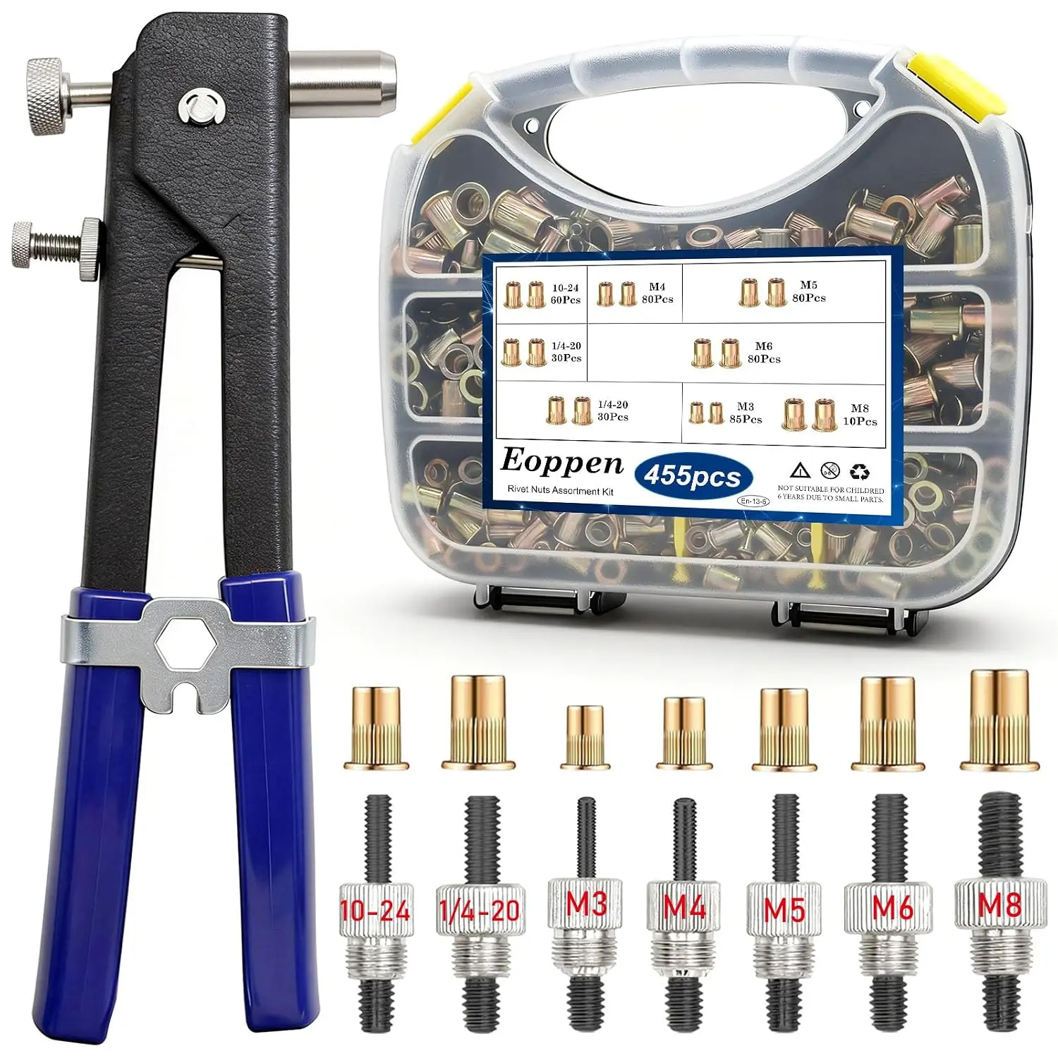 455Pcs Rivet Nut Tool Kit, Rivnut Tool Kit with 7 SAE and Metric Mandrels (10-24, 1/4-20, M3, M4, M5, M6, M8) and Rivet nut Assortment Kit with Rugged Case (Carbon)