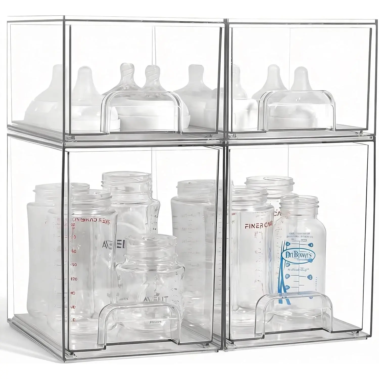 Baby Bottle Organizer, 4 Pack Clear Space-Saving Stackable Drawer with Handle, Baby Bottle Storage Organizer for Countertop and Cabinet