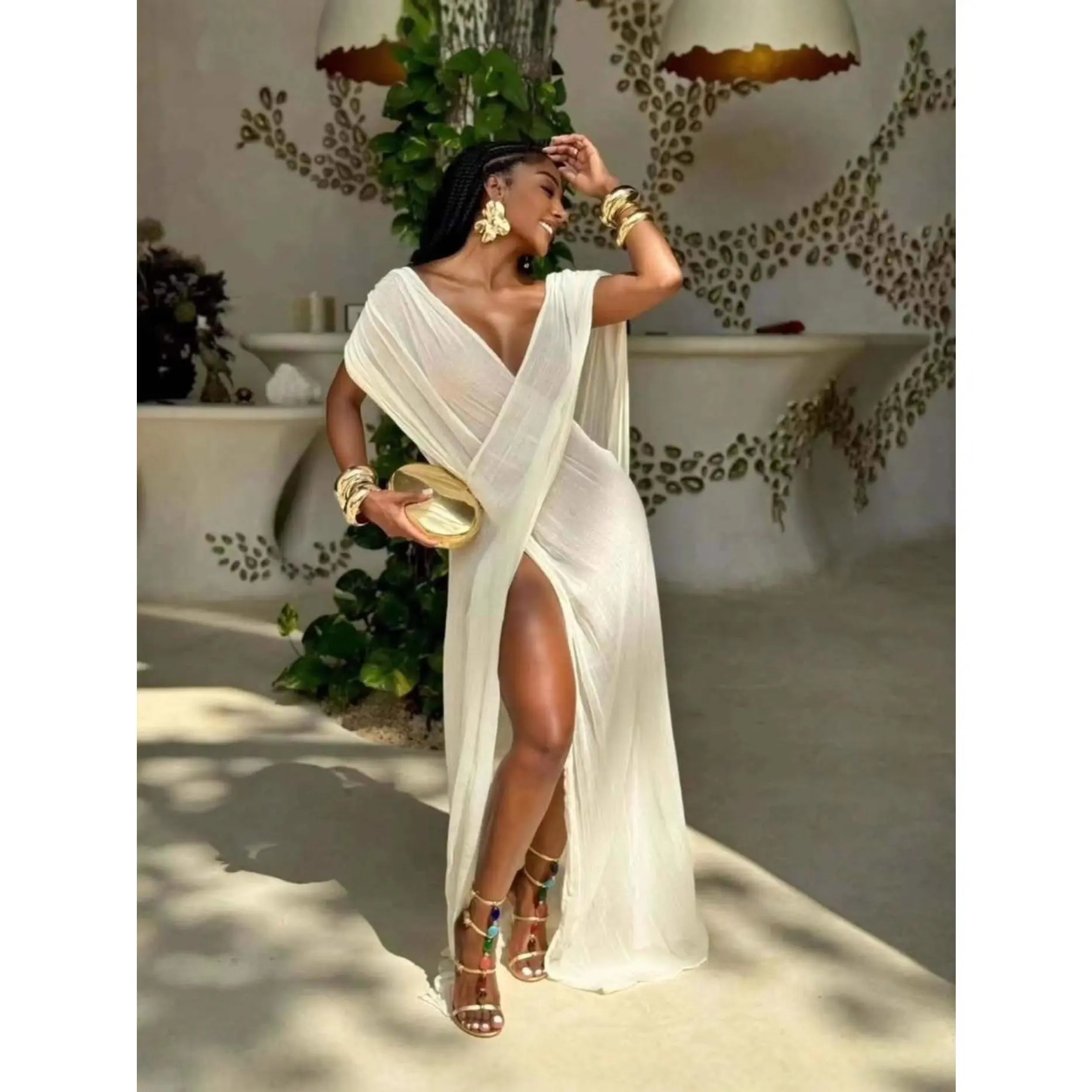 Women's Deep V Wrap Maxi Cover Up Dress - Polyester, Cape Long Sleeves, Sheer, High Slit Kaftan, Lightweight Soft Fabric, Beach Coverup, Wrap Fit, Maxi Length, for Vacation Resort Wear, Formal Wedding Guest Events