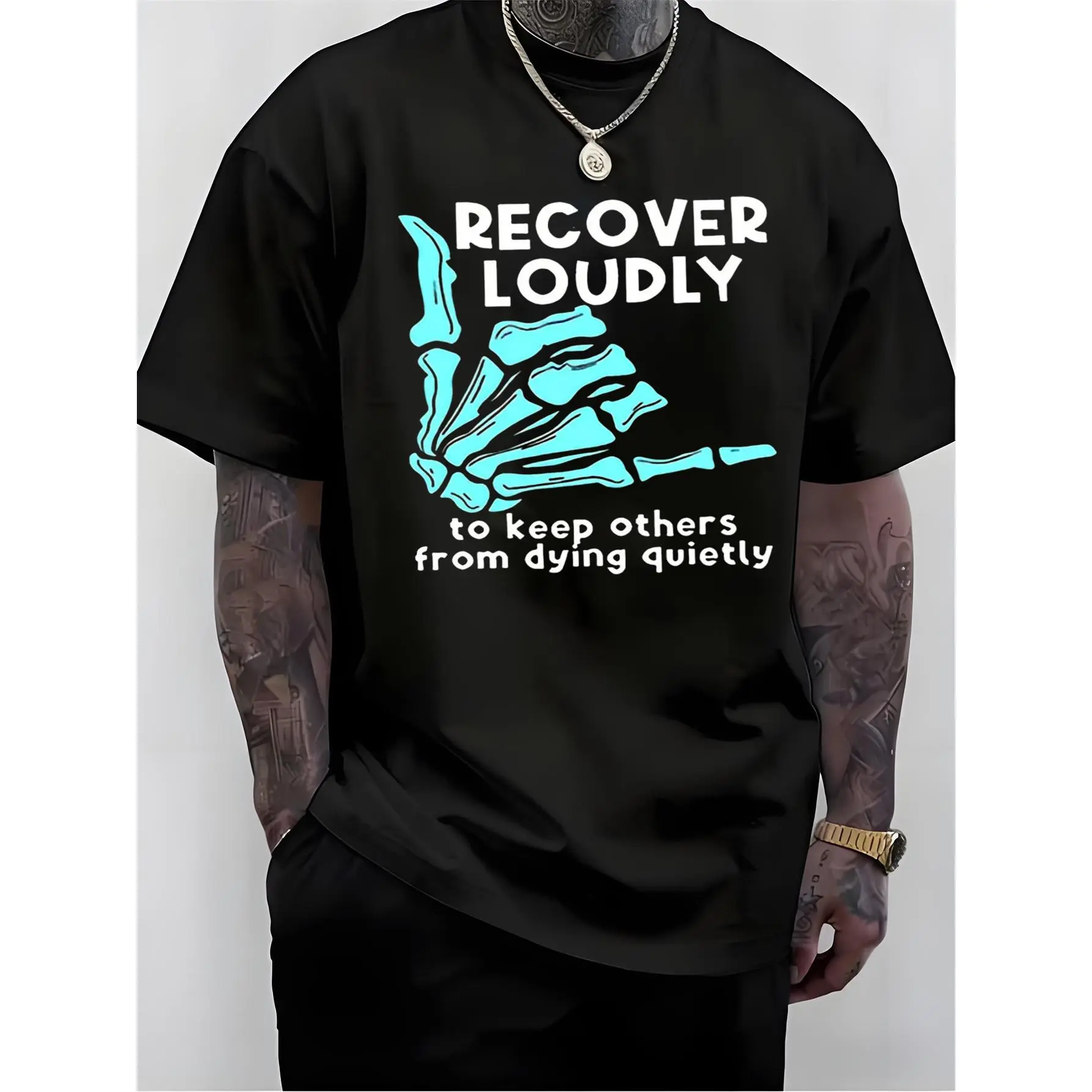 Cyan Skeleton Hand Recover Loudly To Keep Others From Dying Quietly EMS Paramedic EMT Graphic T-Shirt For Men, Funny Emergency Medical Worker Oversized Casual Summer Tee, First Responder Daily Outfit,funny graphic tee,summer graphic tees,tee