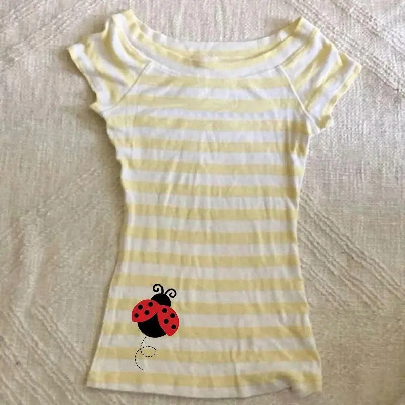 Cute Ladybug Print Striped T Shirt For Women Off Shoulder Slim Fit Casual Summer Streetwear Top