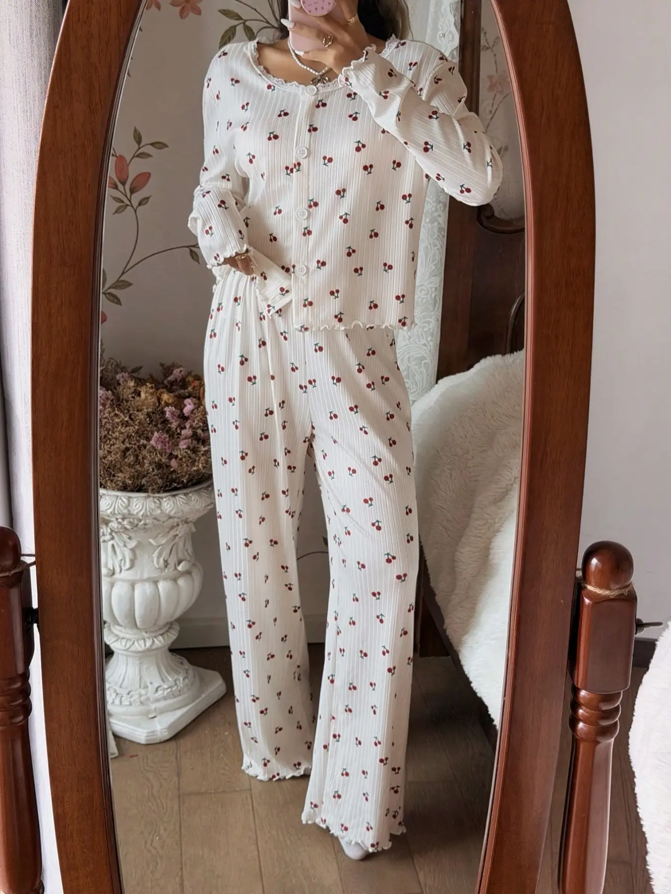 French Romantic Sweet Heart Striped Long Sleeve Pajama Set, Casual Home Nightwear, Elegant Lace Peter Pan Collar, Women's Round Neck Cardigan and Pants Two-Piece Set Loungewear Nightwear Pjs