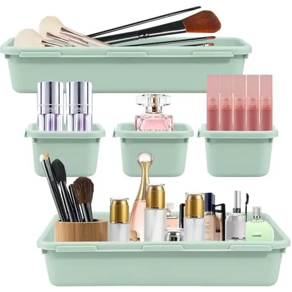 16-Piece Adjustable Green Drawer Inserts with Divided Compartments, Durable Plastic Multifunctional Storage Bin, Silicone Non-Slip Home Organizer (9.3x3.0x1.8 inches) for Drawers, Kitchen Utensils, Makeup Organizer Box, Organizing Drawers