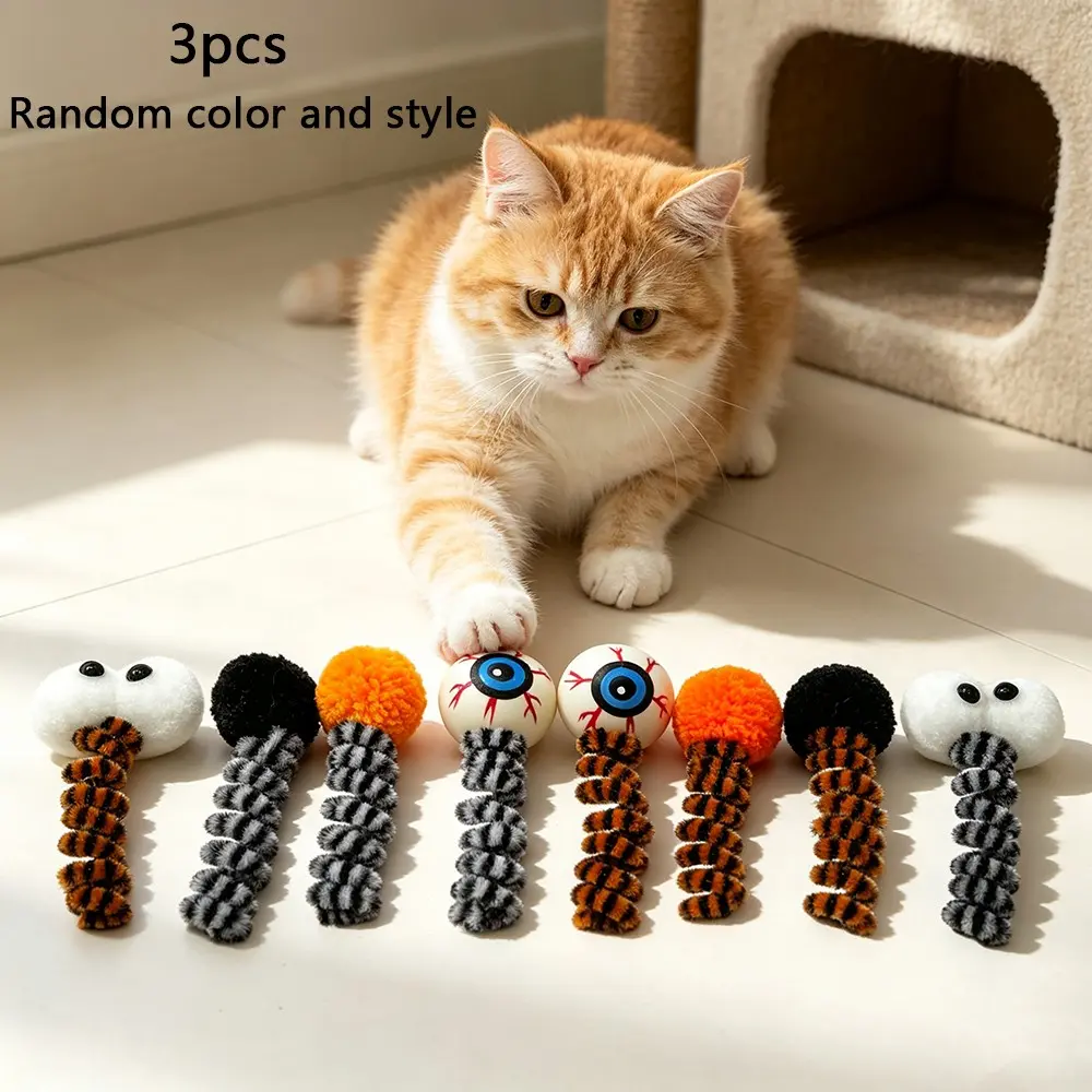 Halloween Interactive Cat Toys Set of 3, Scary Eye Ball Wobbler, Fun Twisting Tunnel Cleaner, Indoor Cat Play Toy