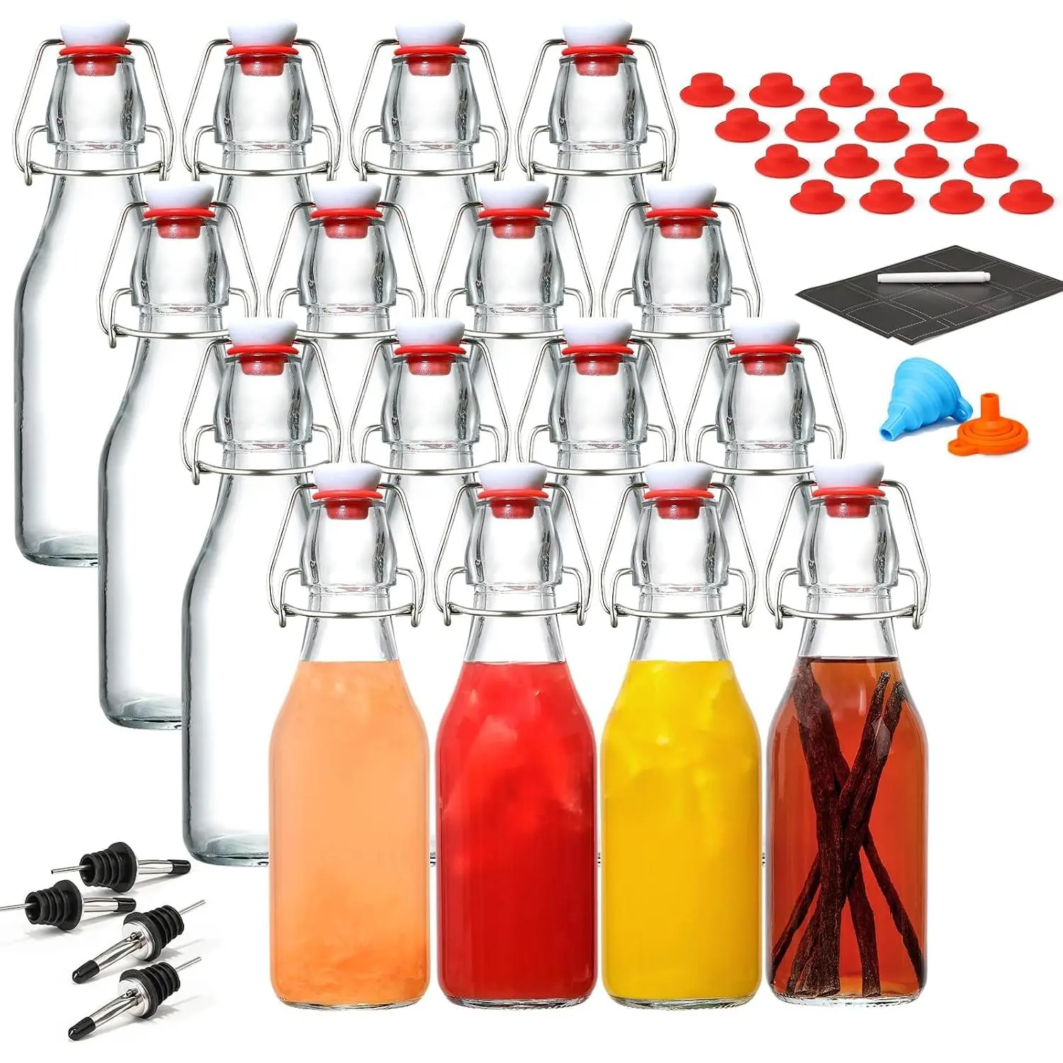 16 Pack 8.5oz Flip Top Glass Bottles, Swing Top  Brewing Bottle for 2nd Fermentation, Kombucha, Kefir, Vanilla Extract, Coquito, Juice,  - Airtight Stopper Cap Lid, Bonus 4 Bottle Pourers