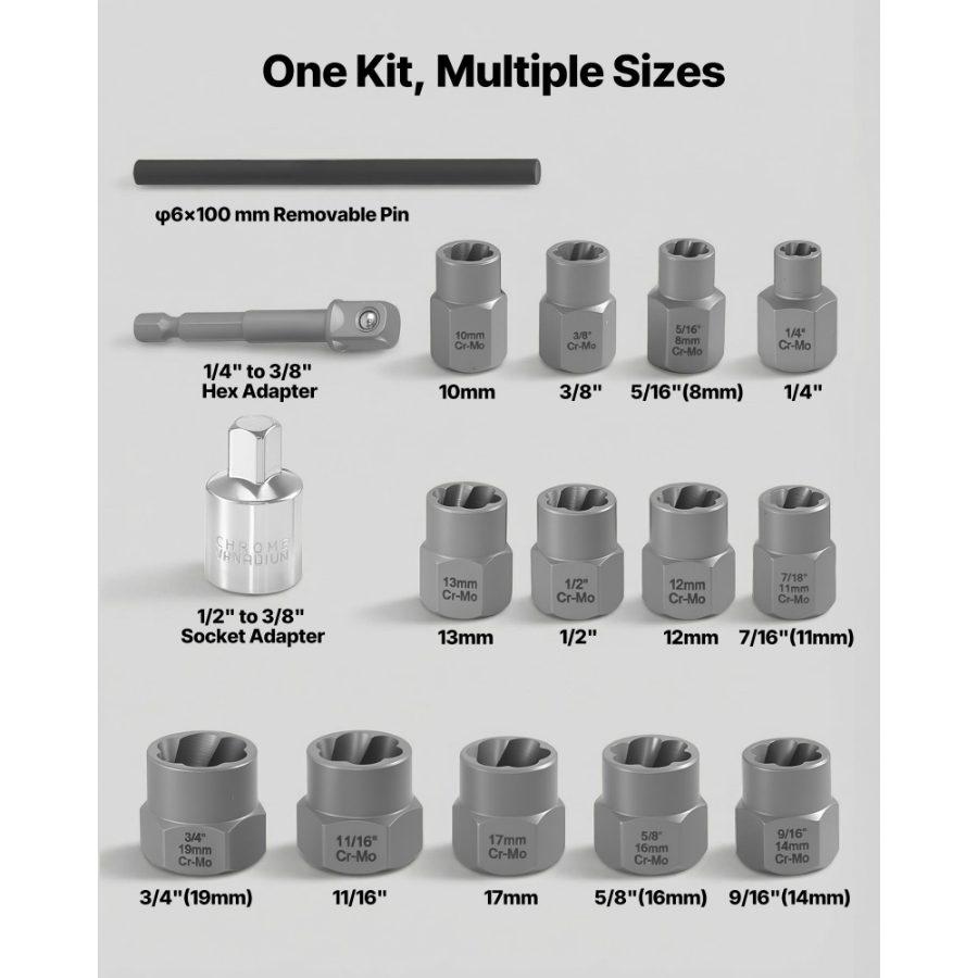SummerWins16-Piece Industrial Heavy Duty Impact Bolt Extractor Tool Kit, Cr-Mo Steel Hardware with Adapters, Pin Punch & Solid Storage Case for Removing Damaged, Stripped, Rounded Bolts, Nuts, Screwsdealsforyoudays