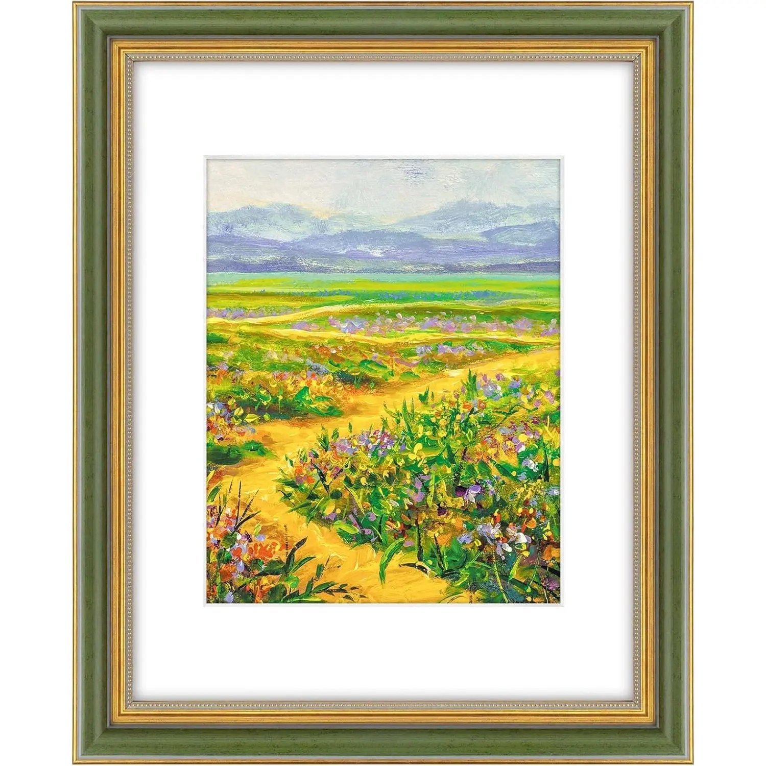 Ornate Green Gold Border Picture Frame, 11x14 Size with White Mat for 8x10 Photo, Real Glass Front, Built-in Hangers & Buttons, Wall Mount Home Decor Gift Frame