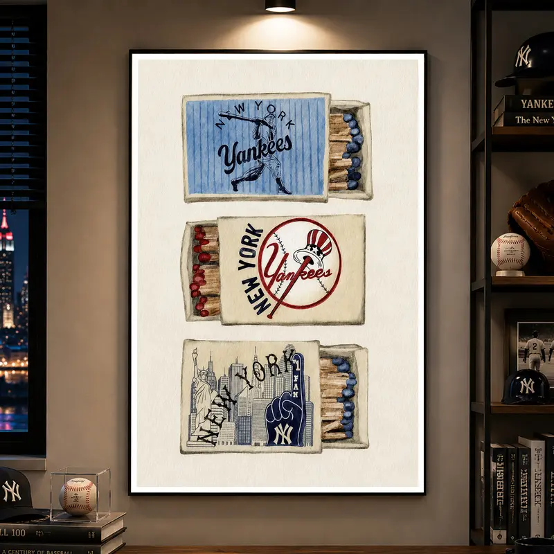Vintage New York Yankees Poster, Matchbox Illustration Wall Art, Retro Baseball Print, MLB Sports Wall Decor, Classic Baseball Artwork, Yankee Stadium Decor, Man Cave Wall Art, Sports Room Decor, Baseball Fan Gift, Vintage Americana Sports Print