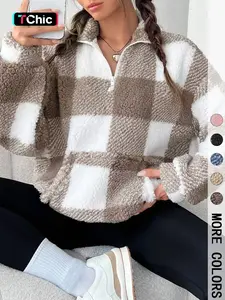 Women's Plaid Print Half Zip Drop Shoulder Fleece Sweatshirt, Casual Long Sleeve Stand Collar Pullover for Spring & Fall, Ladies Clothes for Daily Wear