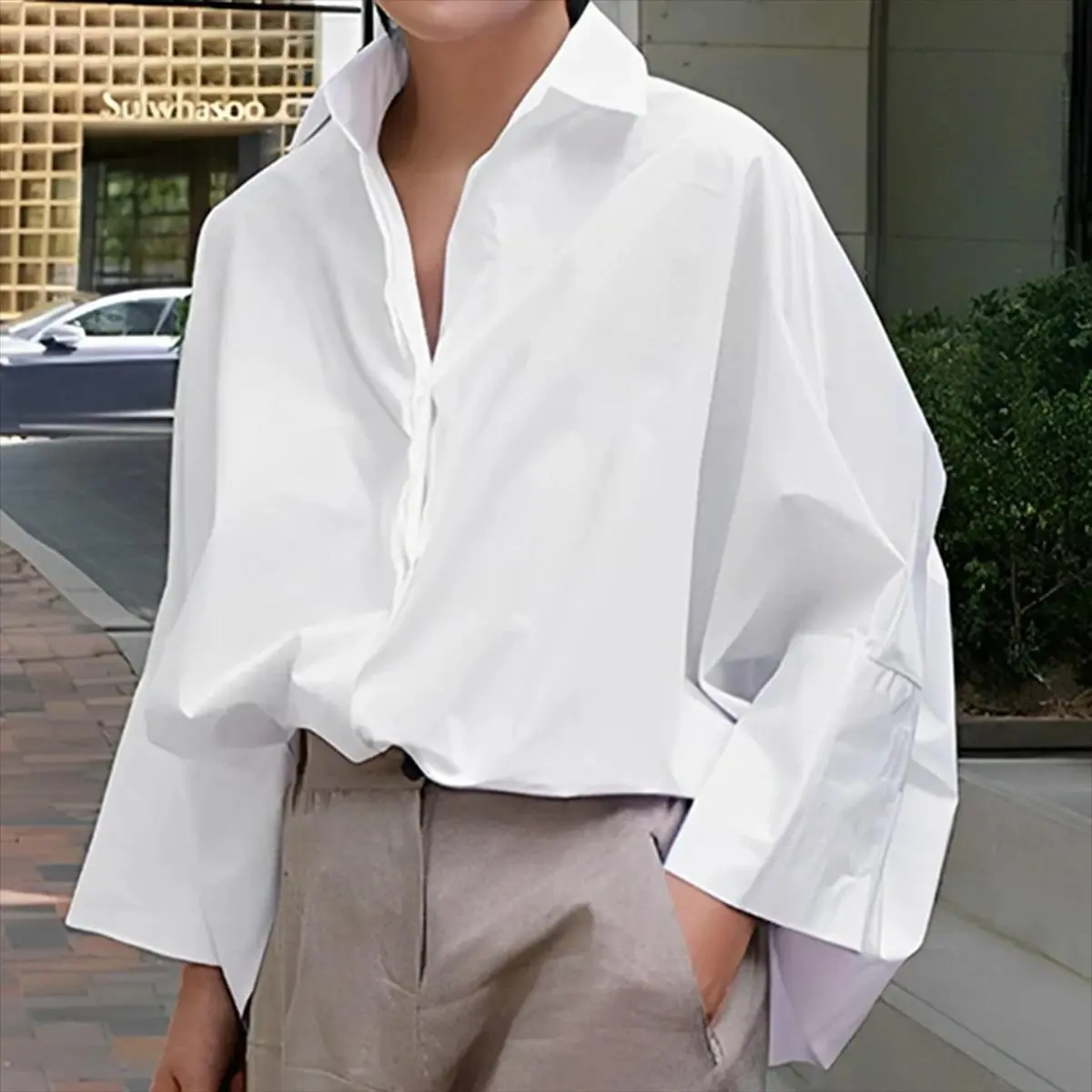 Women's Lady Formal Long-Sleeve Collared Polyester Shirt - Button-Front Batwing Sleeves, Loose Fit, Solid Color, Mid-Length, Comfortable Basic Casual Top for Multiple Seasons,summerwins,summeroutfits,vacationoutfits,beachoutfits