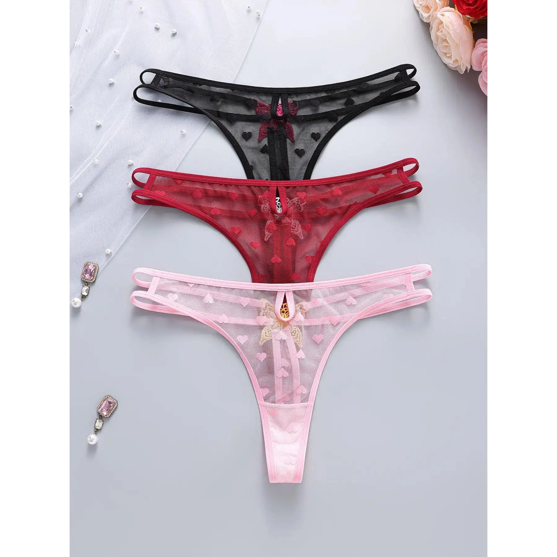 Women's 3-Pack Low Waist Mesh Sheer Butterfly Embroidery Lingerie Thongs - Lightweight, Elegant, Versatile All-Season Daily Wear for Honeymoon, Vacation, Indoor and Outdoor Activities, Sports, Three Pieces, Breathable Mesh