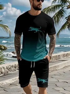 Two-piece set with 3D digital print featuring cheetah silhouettes on a black-to-blue gradient background, 2Pcs, trendy fashion suit, trendy retro casual two-piece outfit, trendy vacation-style wear, breathable sporty casual style, an ideal holiday gift fo