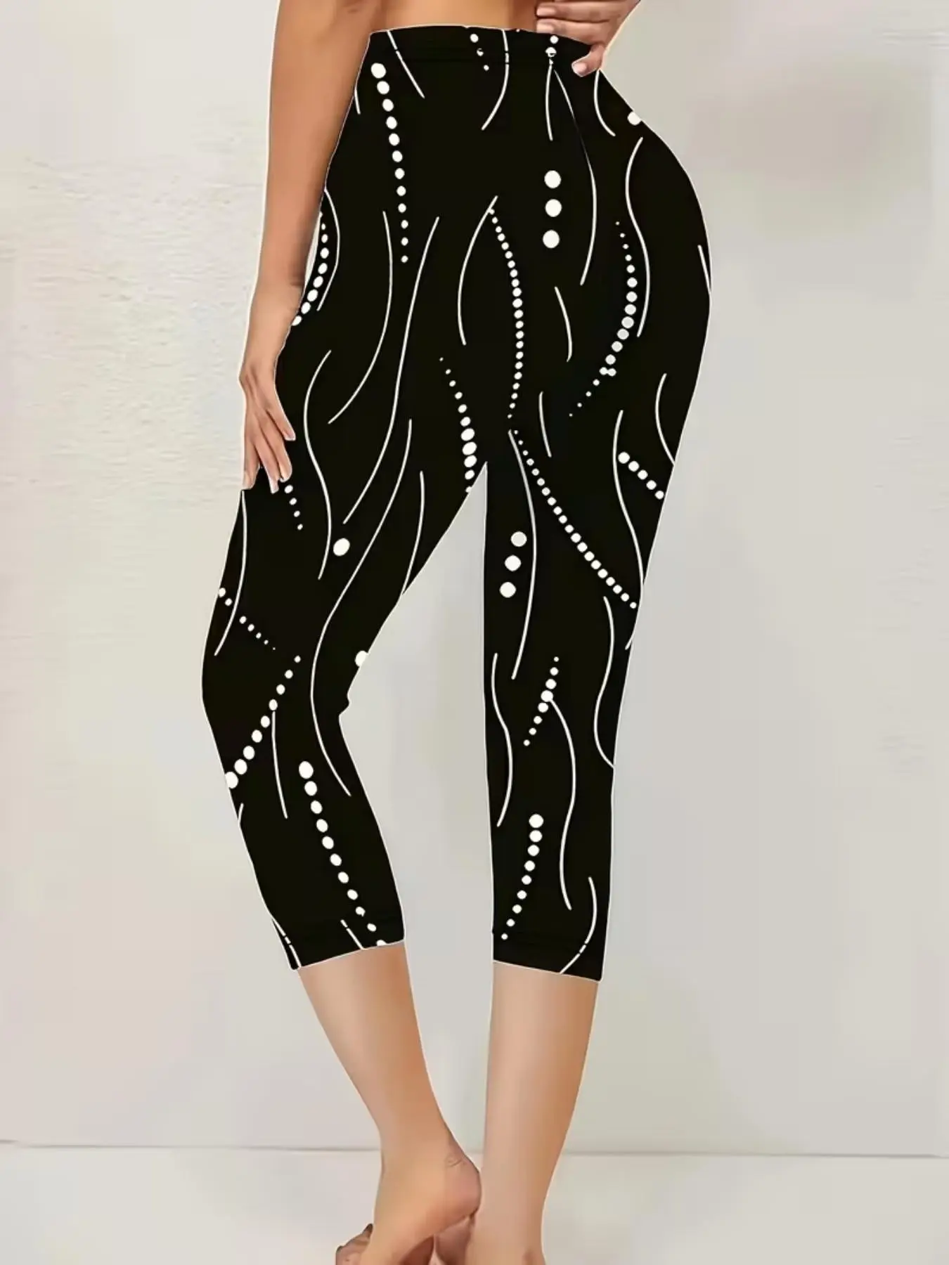 Capri Tight Pants, Printed Knit Fabric, High Elasticity Sporty Leggings, Elegant Lightweight Breathable 7/8 Pants