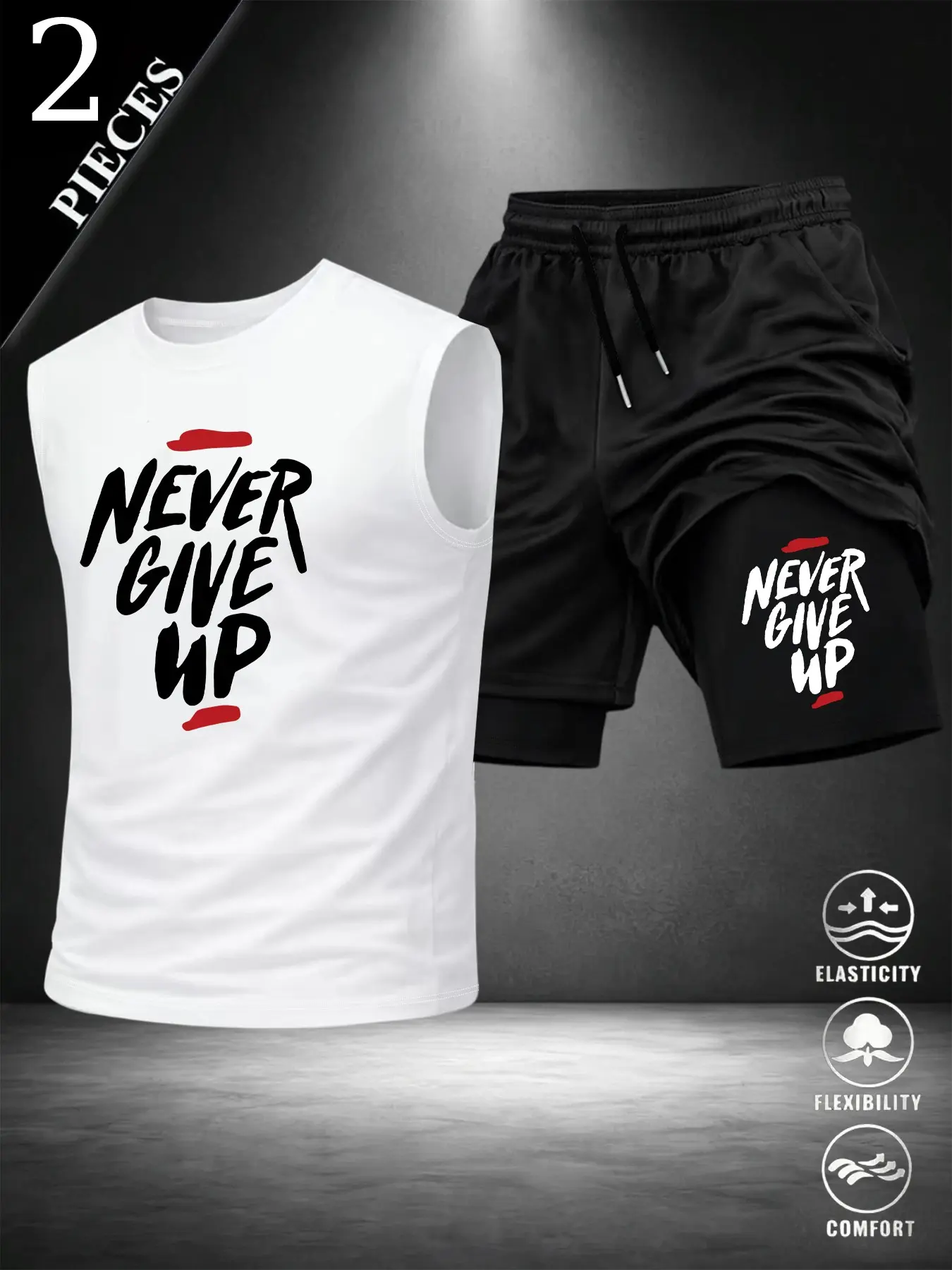 Summer Men's Suit, Letter Print Sleeveless Vest + Fake Two-Piece Gym Shorts Set, Casual Daily Fitness