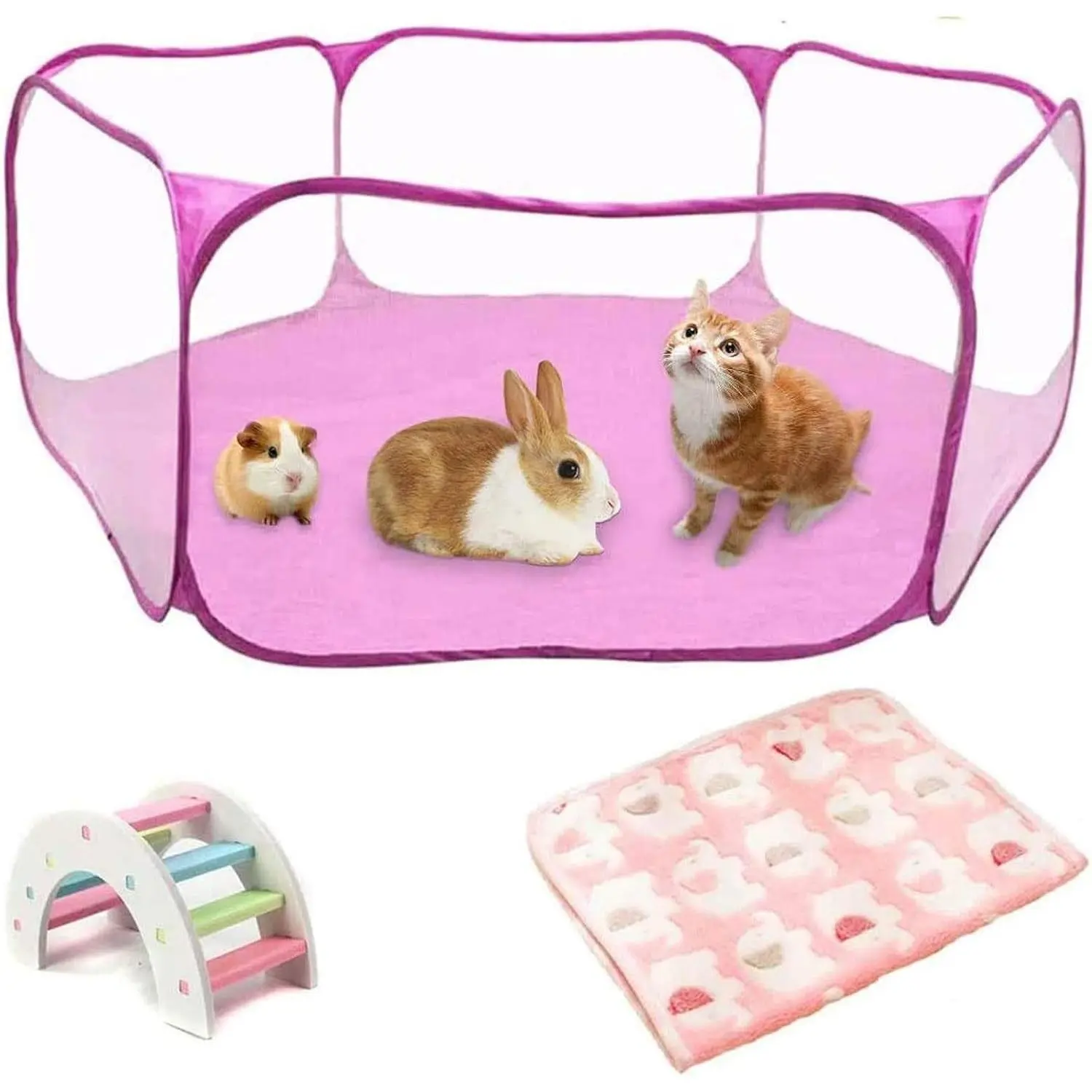 Foldable Large Hamster Playpen with Mat, Breathable Transparent Pet Cage Fence Indoor Outdoor for Small Animals like Guinea Pigs Gerbils Chinchillas Hedgehogs Rats