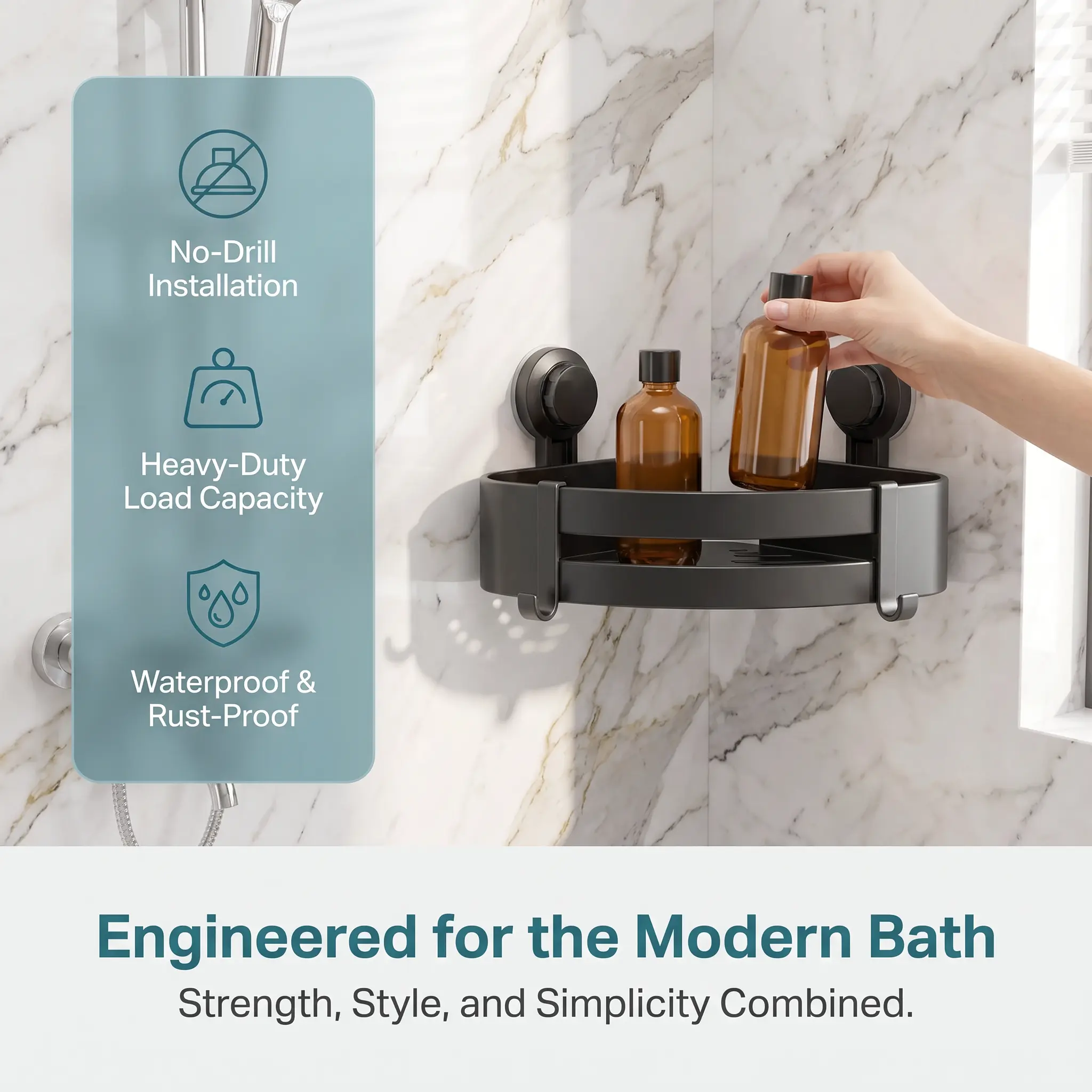 No Drill Corner Shower Shelf, Suction Cup Stainless Steel Bathroom Caddy with Hooks, Wall Mount Shower Storage Organizer