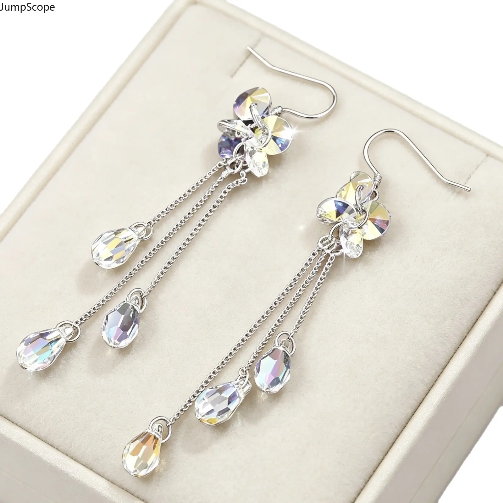 Women's 2026 New Silver Long AB Crystal Tassel Dangle Earrings - Korean Look, Multi-Teardrops Design, Wedding Party Gifts for Leisure & Outdoor Events