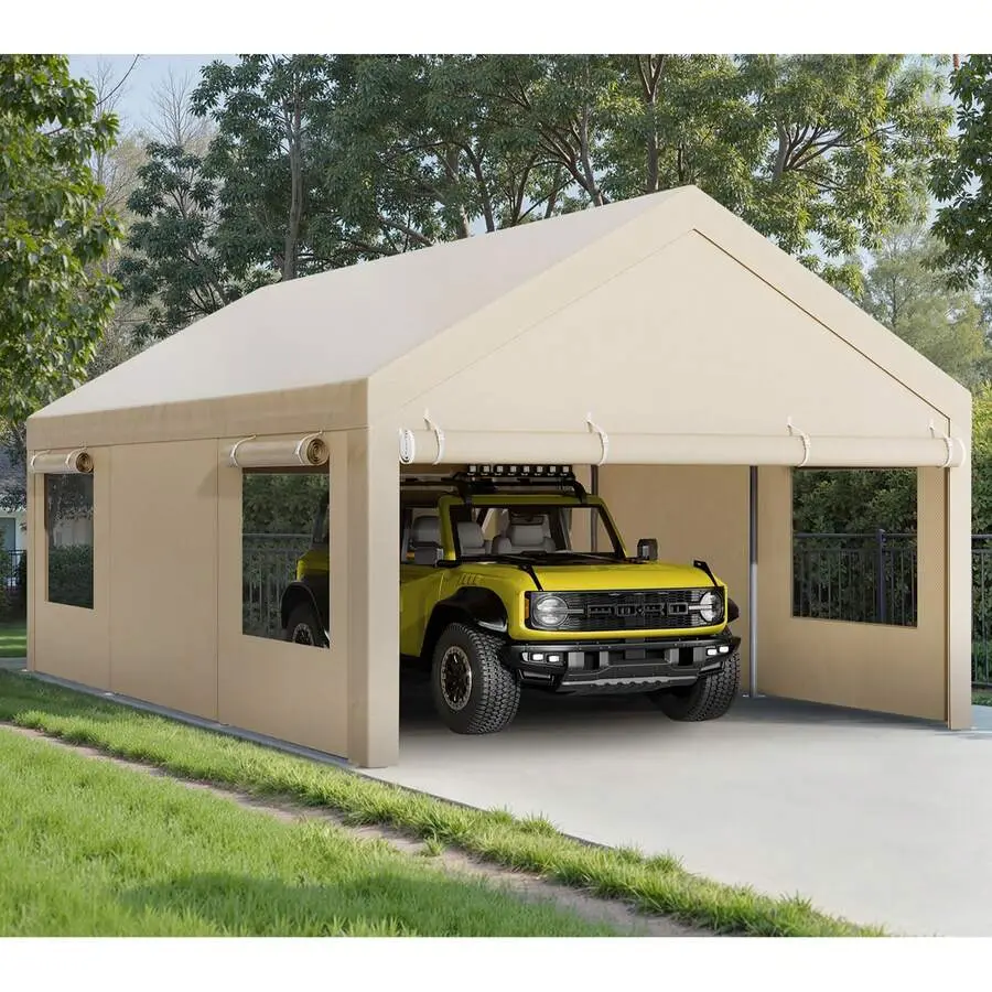 12FT Heavy Duty Carpor, With Removable Sidewalls & Doors,Roll-Up Windows Car Canopy With Sandbags And All-Season Tarp For Car Boat Truck Motorcycle,solar,patio,umbrella,,outdoor,,uv,protection,,activity,,LED,Dome,Igloo,Camping,Shelter,shade,clot,umbr,sun,