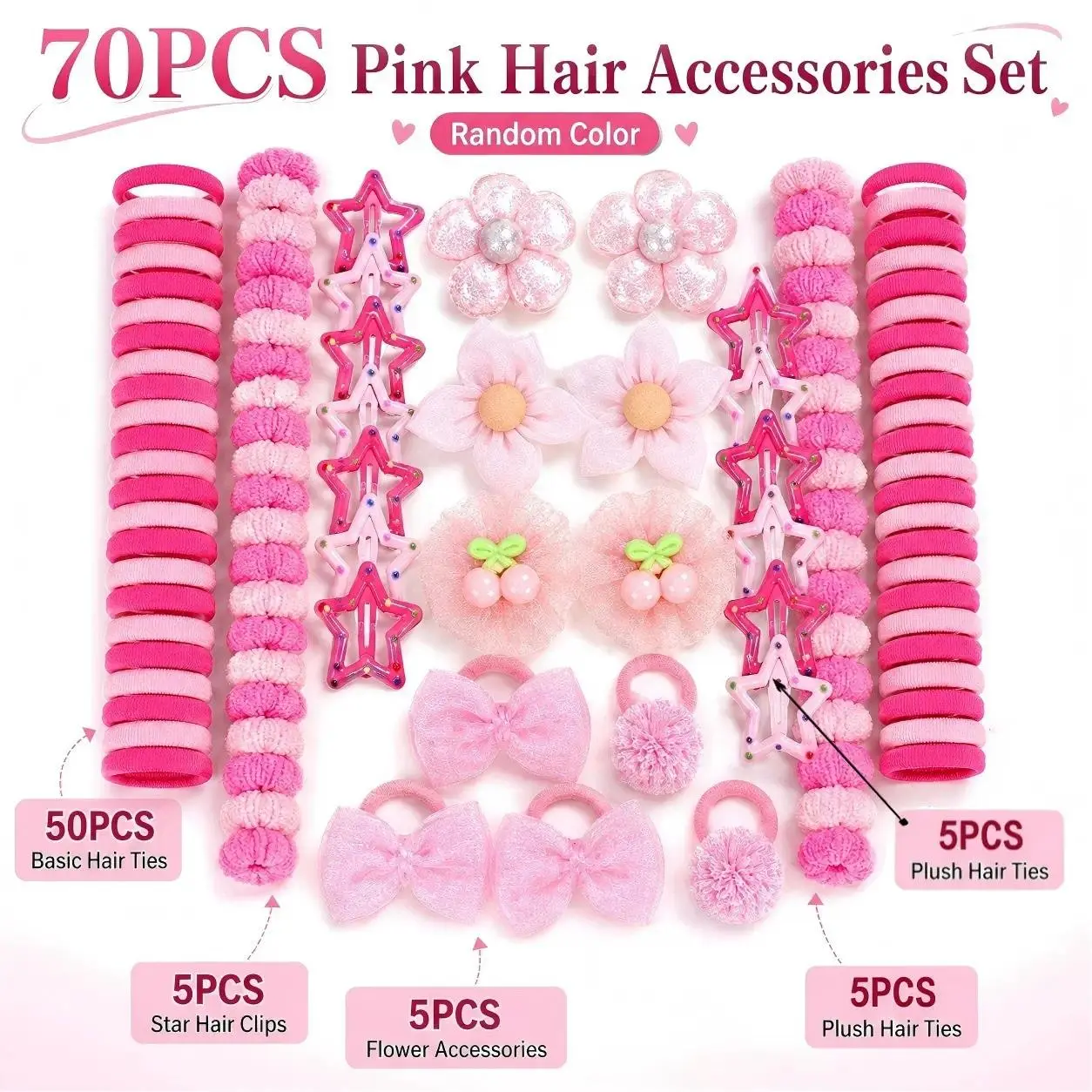 70PCS  Pink Hair Accessories Set for Girls, Cute Bow Hair Clips, Hair Ties & Flower Accessories, Aesthetic Hair Styling Kit for Kids, School, Birthday Party & Gift Ideas