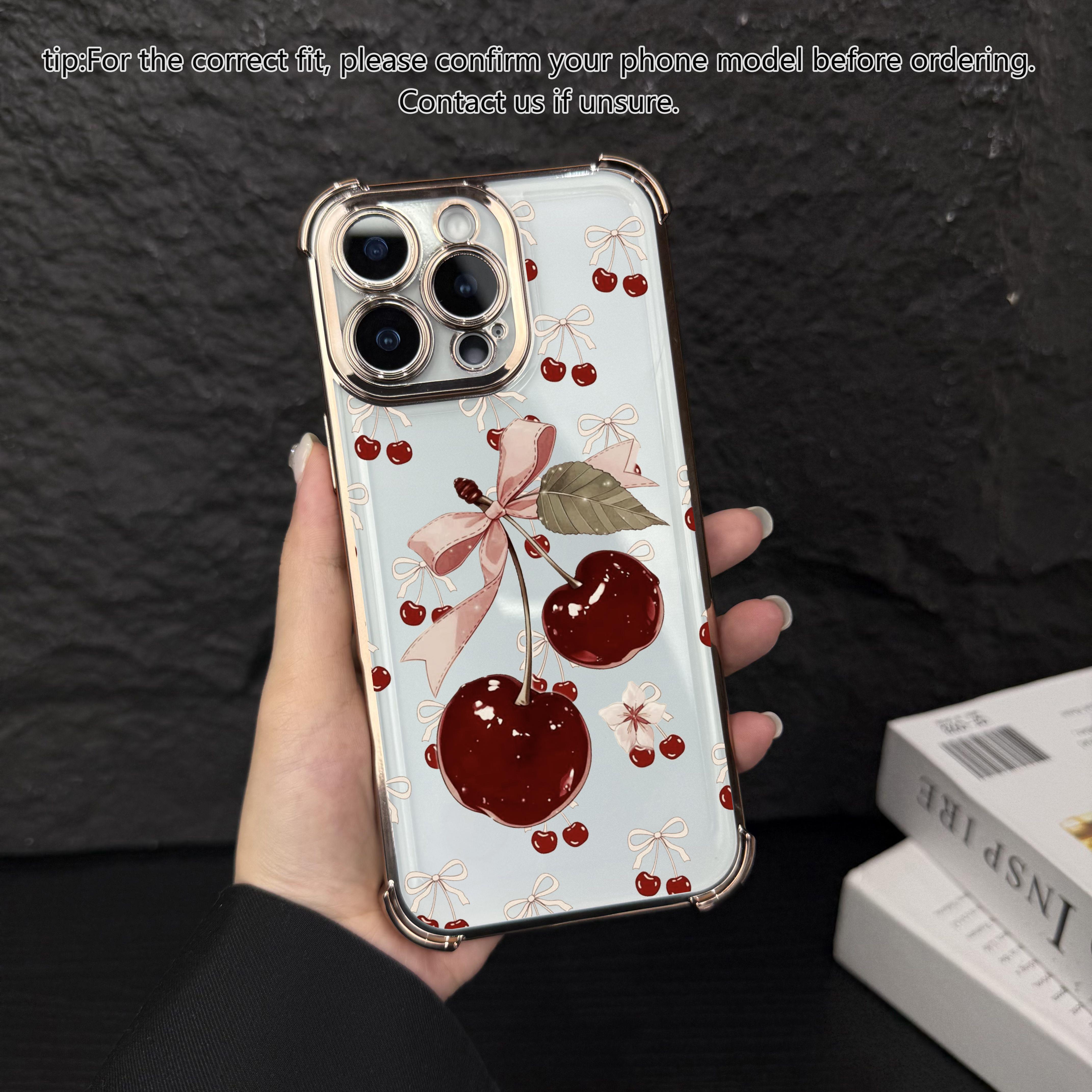 Cute cherry patterned electroplated transparent phone case with four corner airbags to prevent falls, suitable for iPhone 17Pro Max Air 16 15Plus 14 13 12 11 XR XS Samsung Galaxy S26 Ultra S25 Ultra S24 S22 phone case-A186