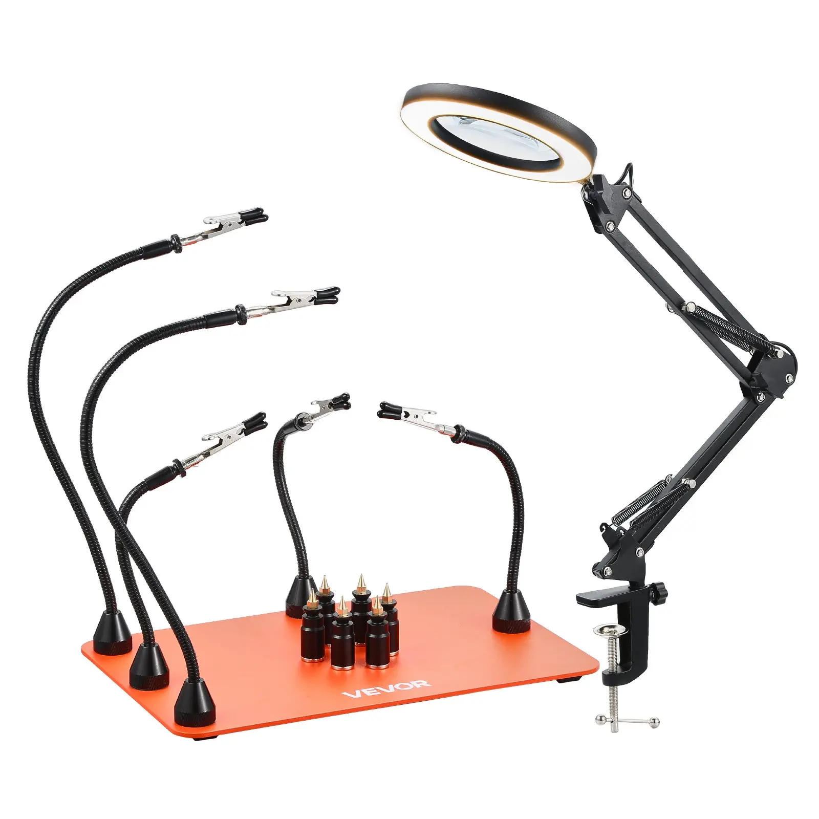 VEVOR Magnetic Helping Hands Soldering Workstation, 2-In-1 Third Hand Tool - 3X Magnifying Glass, 5 Arms, 5 Color Temperatures, 6 PCB Holders, Heavy-Duty Base for Precision Tasks, Electronic Repair