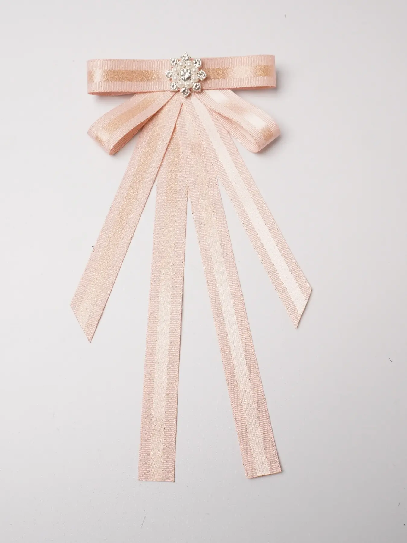 1pcs Flash Stripe Ribbed Ribbon Long Bow Tie, Snowflake Pearl Rhinestone Center, Shirt Dress Lolita Elegant Brooch Neckwear