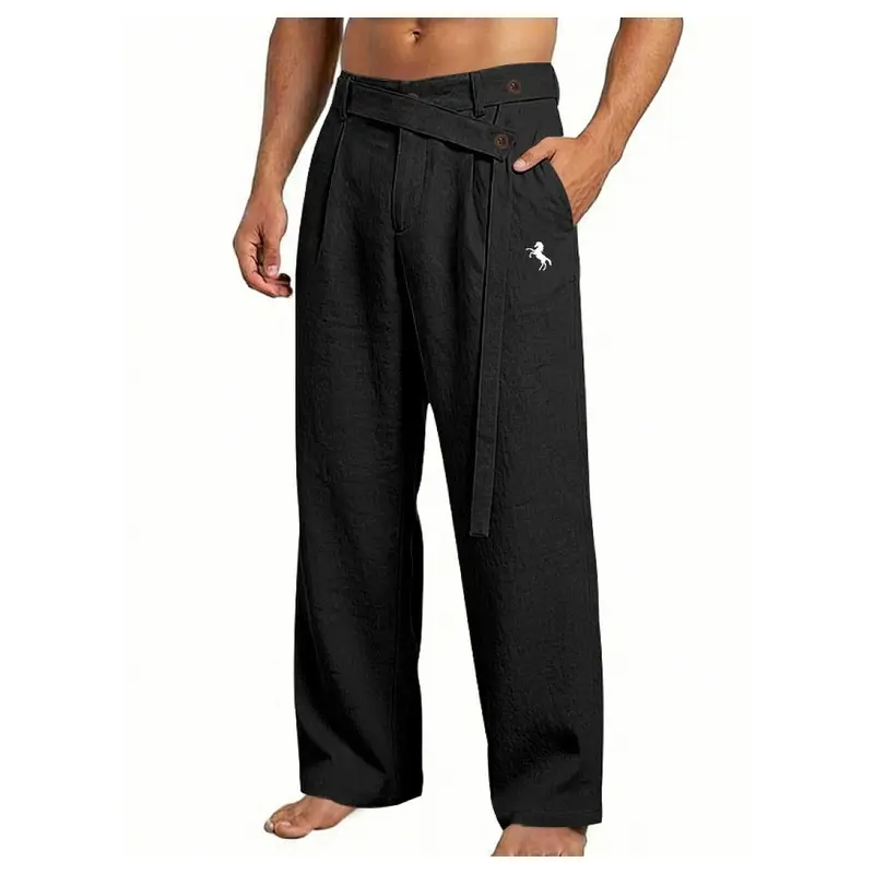 Men's Italian Old Money Linen Straight Leg Trousers, Naples Gurkha Wrap Belt Casual Pants With Horse Print Logo, Loose Pleated Wide Leg Bottoms for Daily Commute Vacation Light Business Leisure Wear
