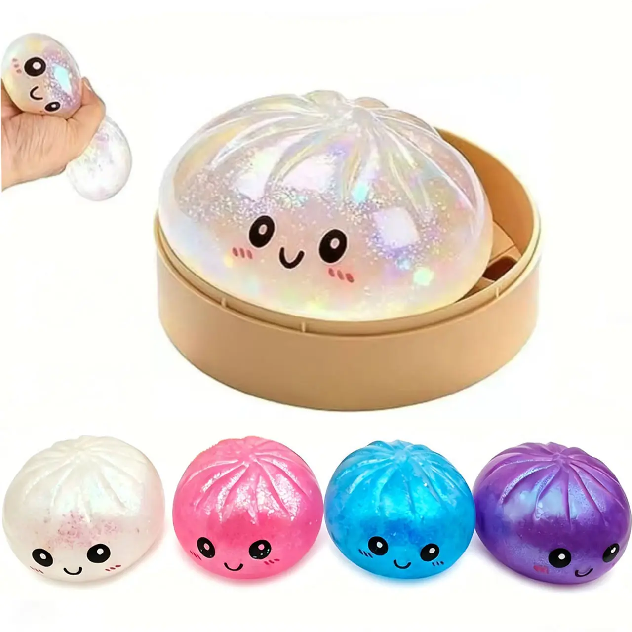 Glittery Dumpling & Rui Rui Kawaii Fidget Squishies, Soft TPR Squeeze Stress Relief Toys, Dumpling Stress Ball with Steaming Box, Kids Summer Leisure Gift