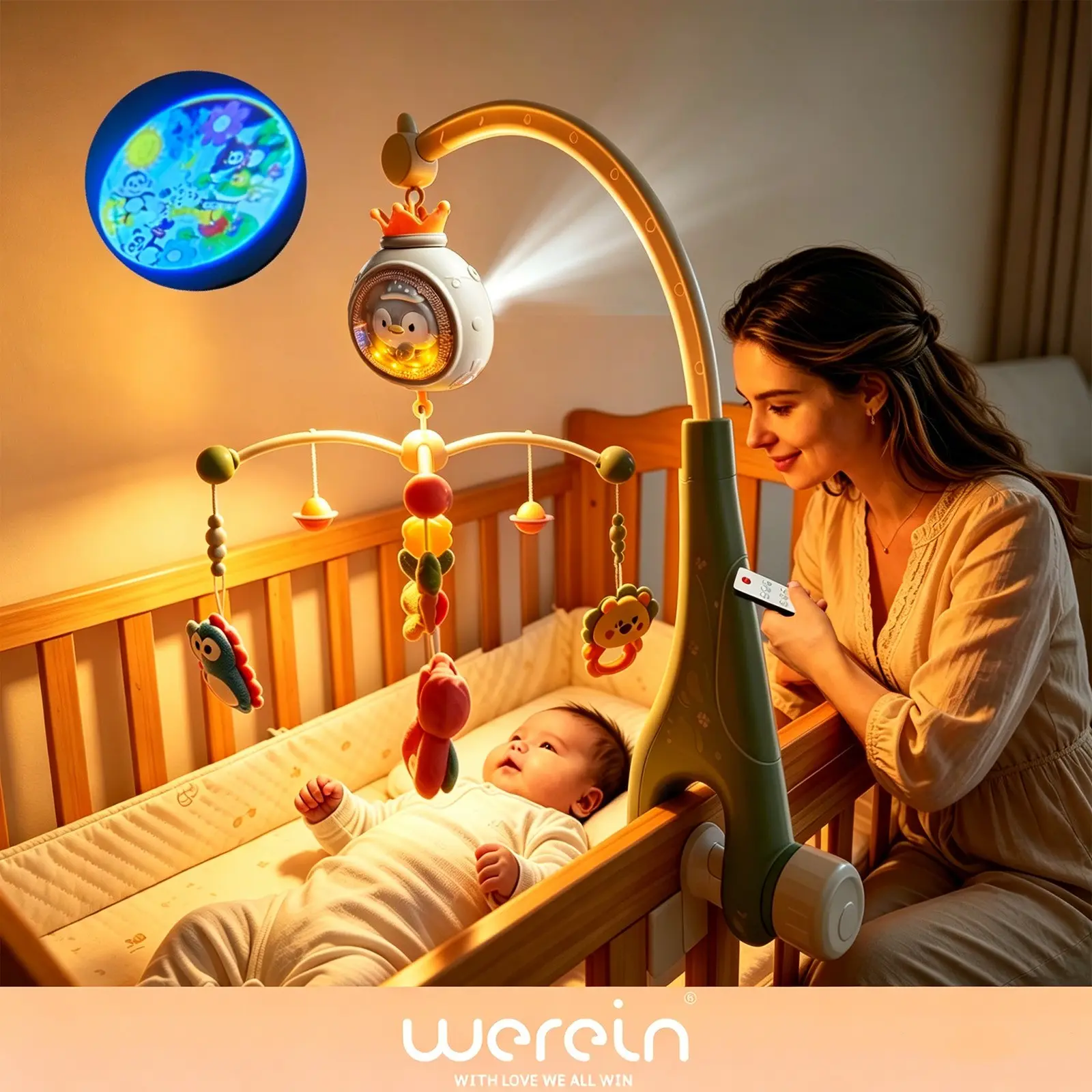Baby Crib Mobile Music Soft Light Rotating Bed Bell with Projection Timer Wireless Remote Control, Free Hands for Mom, Baby Sleep Aid Device