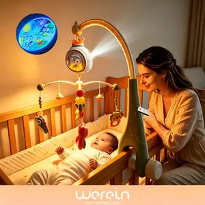 Baby Crib Mobile Music Soft Light Rotating Bed Bell with Projection Timer Wireless Remote Control, Free Hands for Mom, Baby Sleep Aid Device