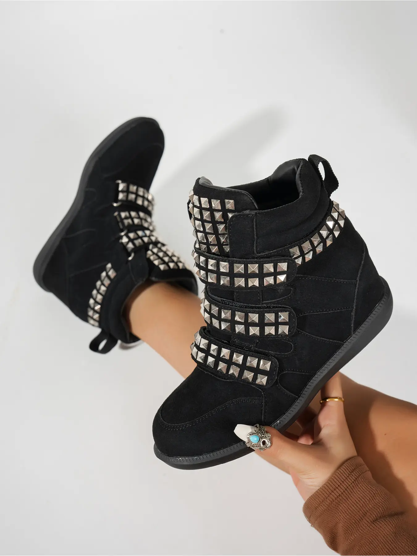 Women's Shoes Punk Studded Hidden Wedge Gothic Ankle Boots Multi Hook and Loop Straps Rivet Decor High Top Booties for Party Street Daily Wear