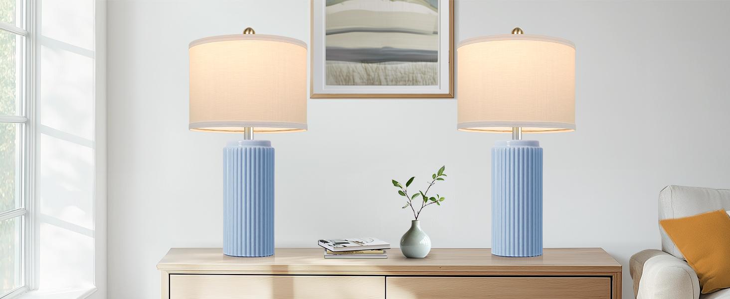 23.5’’ Farmhouse Table Lamps for Living Room Set of 2, Modern Elegant Ceramic Bedside Nightstand Lamps with White Linen Shade for Bedroom, Coastal Lamps Set for Study Home Office